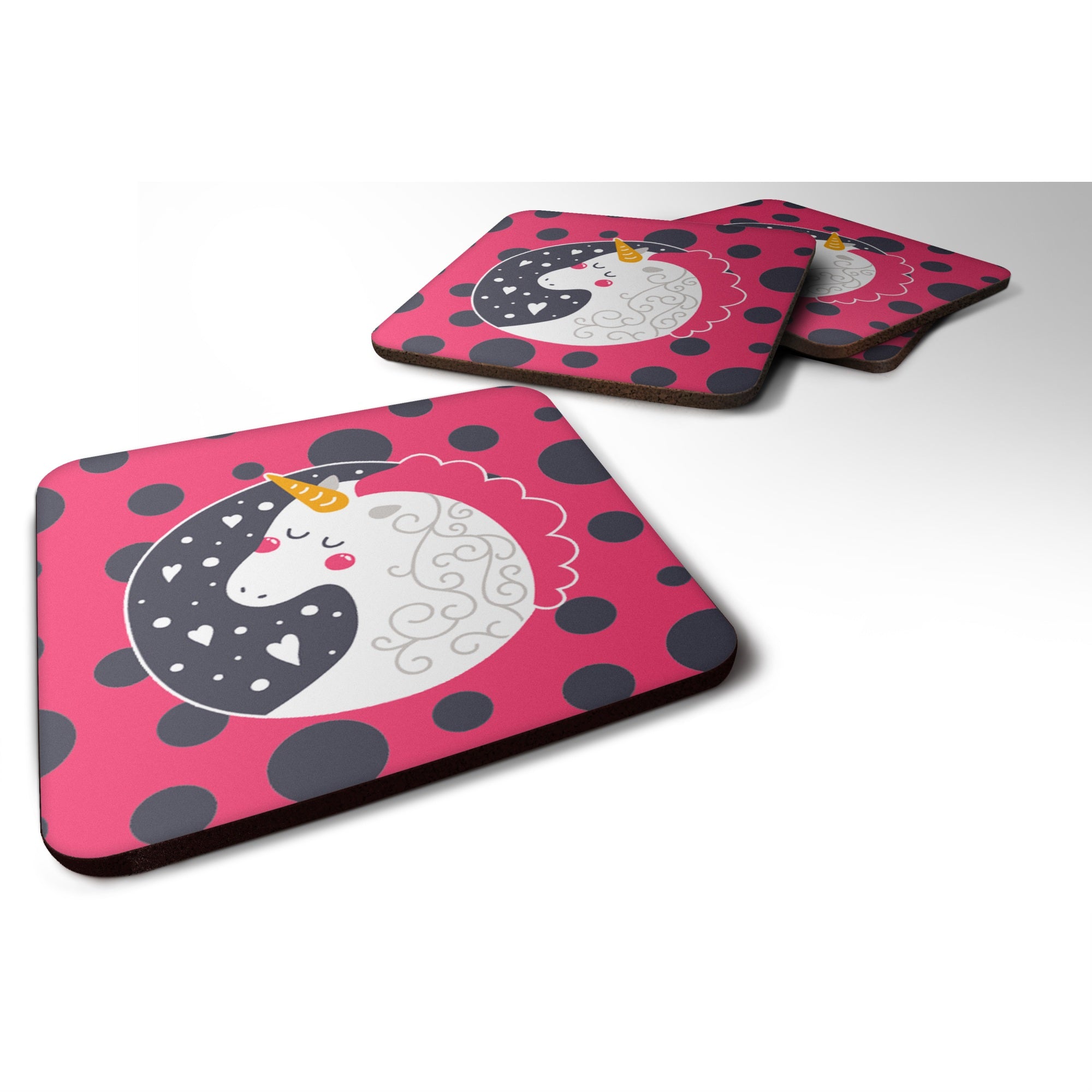 Caroline'S Treasures Unicorn Pink Polkadots Foam Coaster Set Of 4, 3.5, Multicolor