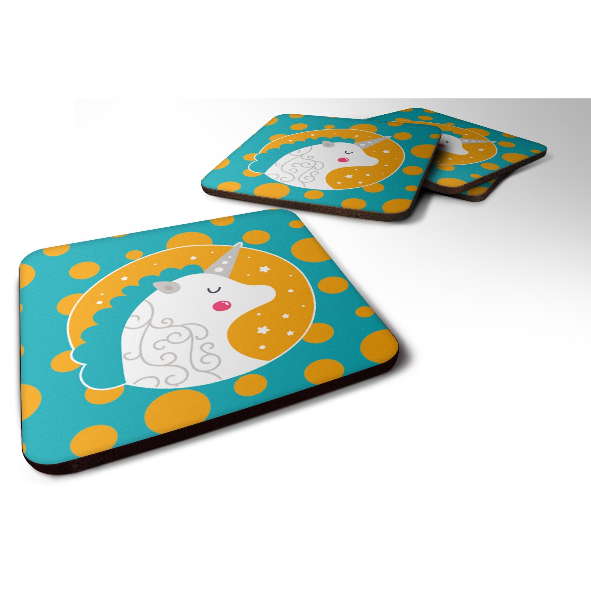 Caroline'S Treasures Bb7137Fc Unicorn Orange Polkadots Foam Coaster Set Of 4, 3.5, Multicolor