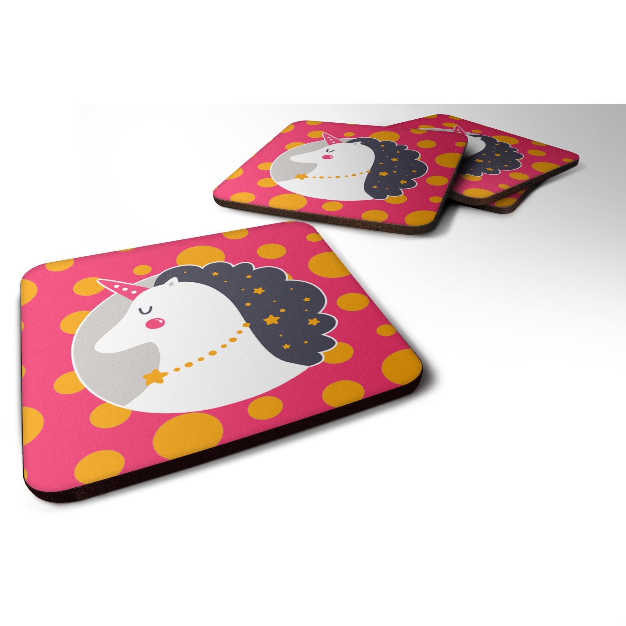 Caroline'S Treasures Bb7138Fc Unicorn Orange Polkadots Foam Coaster Set Of 4, 3.5, Multicolor