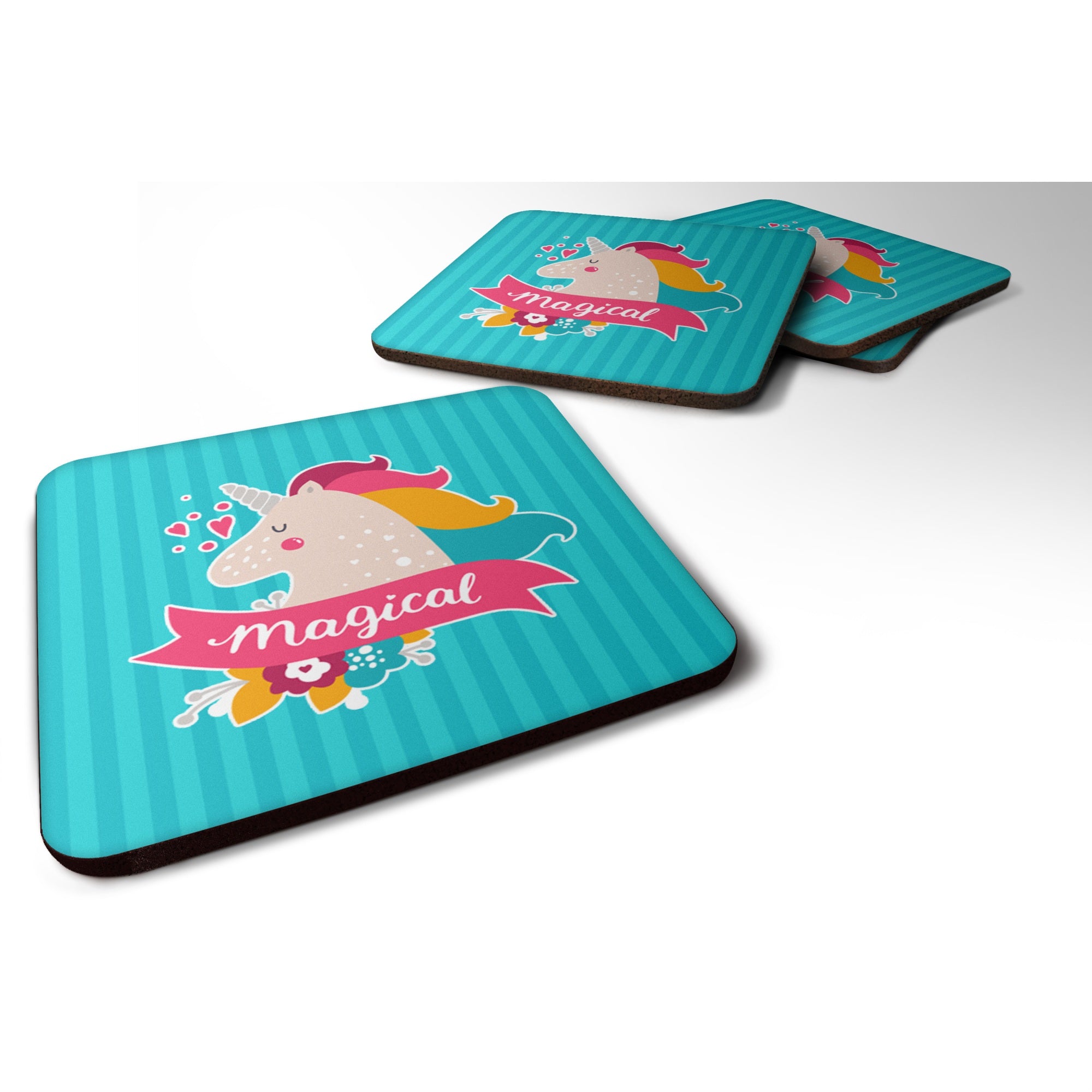 Caroline'S Treasures Unicorn Magical Foam Coaster Set Of 4, 3.5, Multicolor