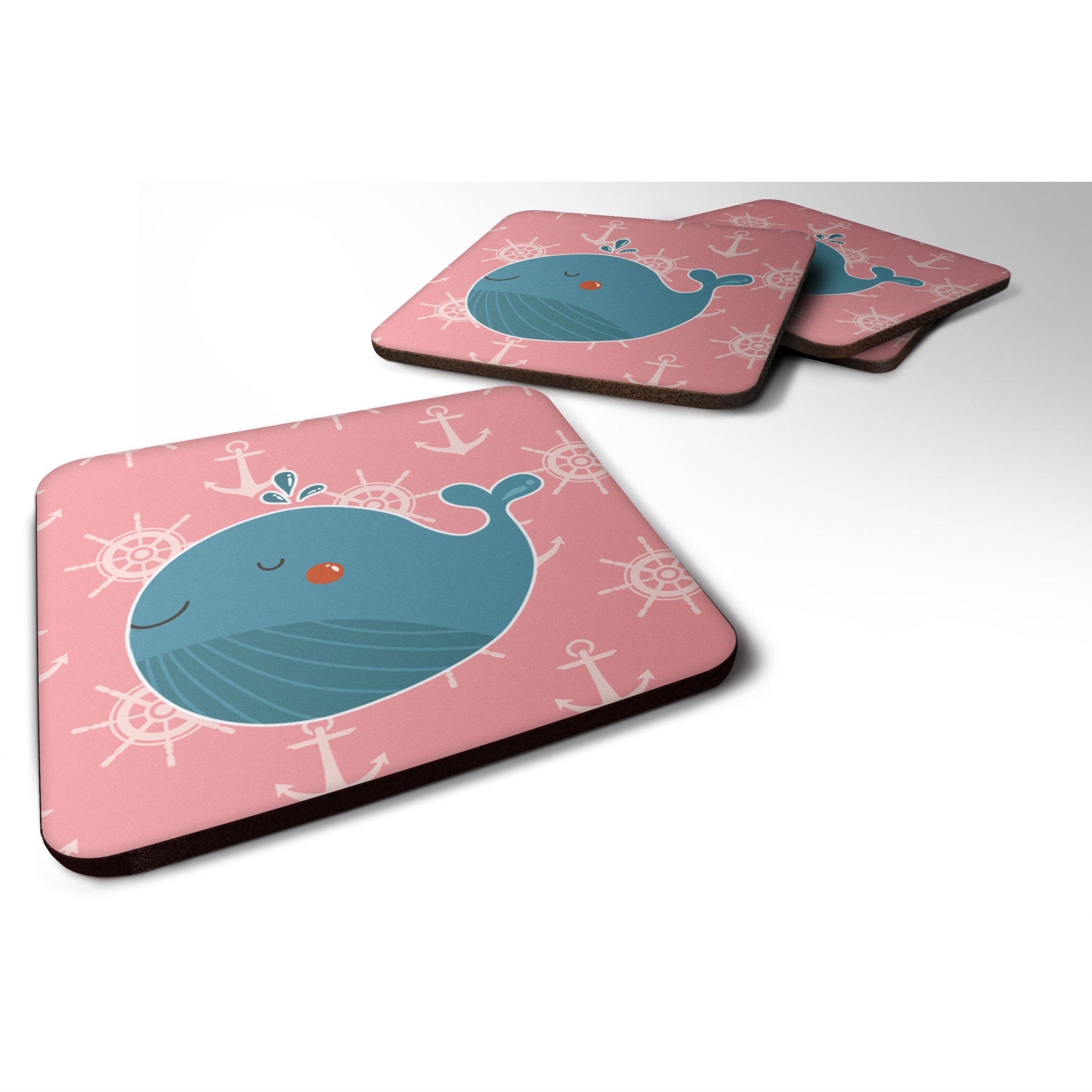 Caroline'S Treasures Whale On Pink Nautical Foam Coaster Set Of 4, 3.5, Multicolor