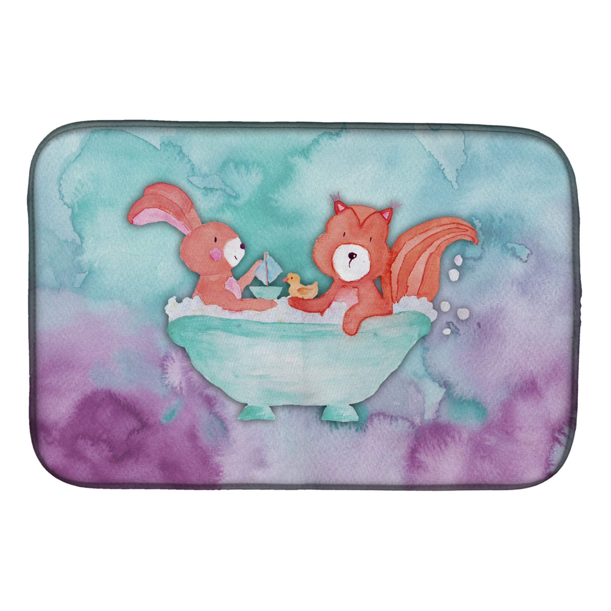 Caroline'S Treasures Rabbit And Squirrel Bathing Watercolor Dish Drying Mat, 14 X 21, Multicolor