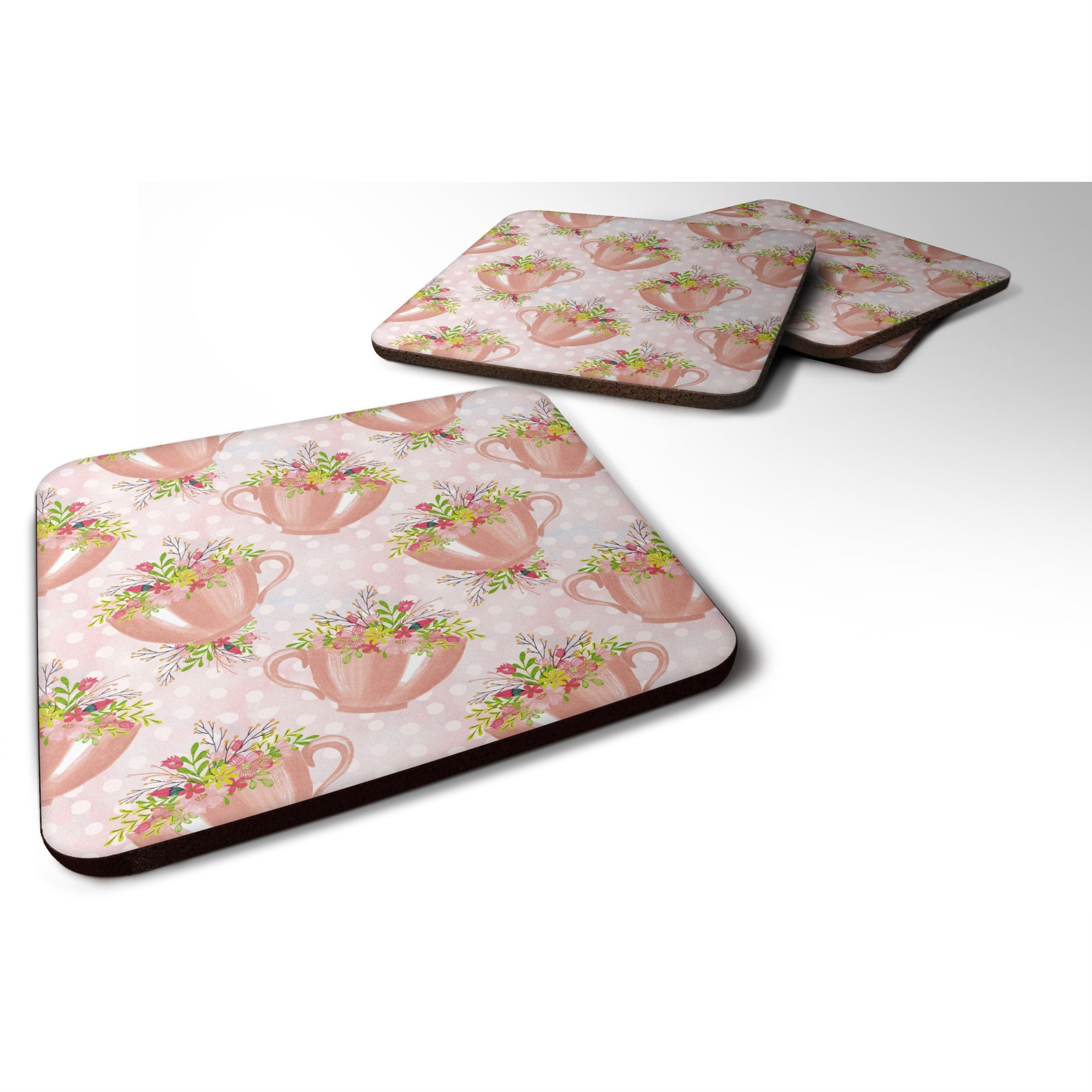 Caroline'S Treasures Tea Cup And Flowers Pink Decorative Coasters, 3.5, Multicolor