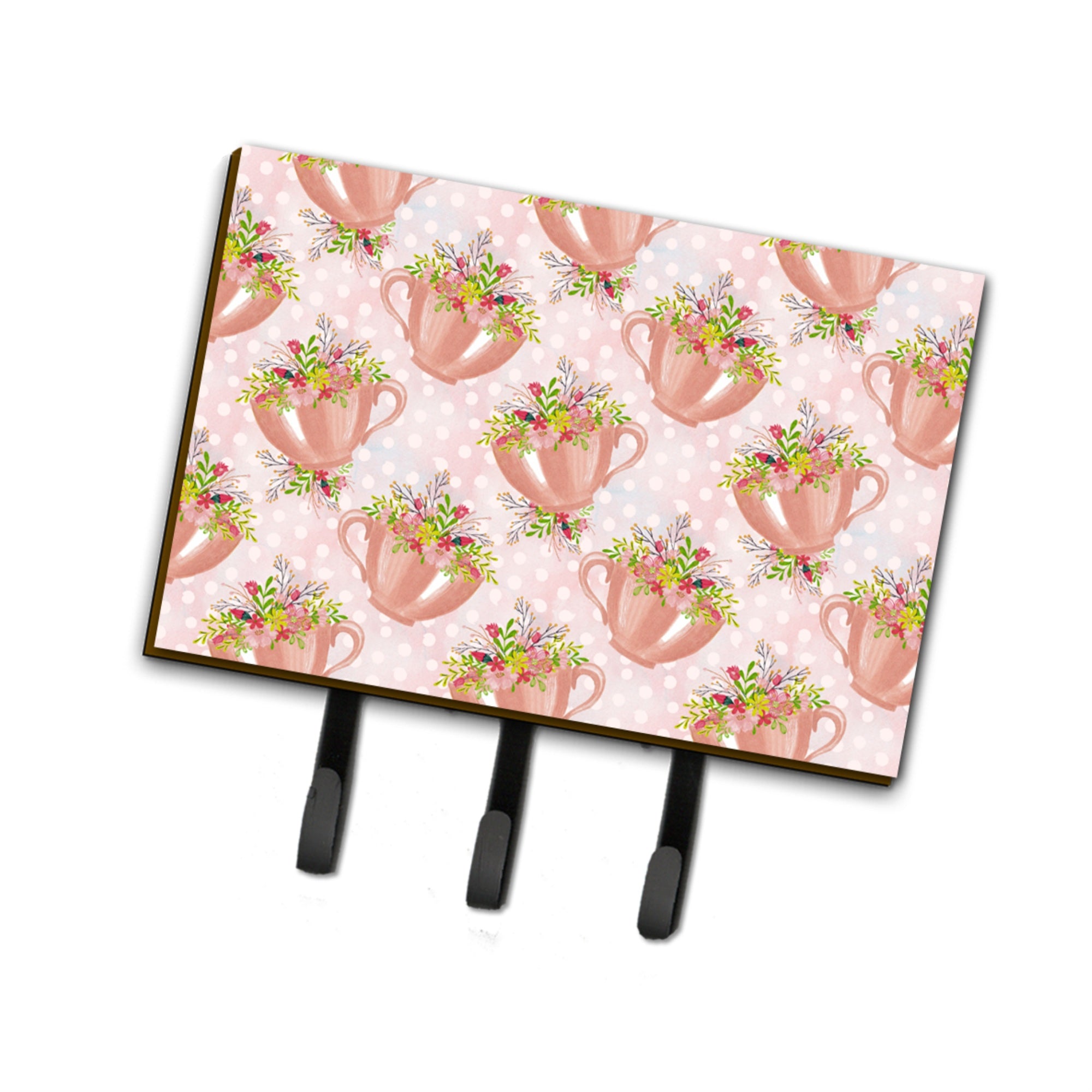 Caroline'S Treasures Tea Cup And Flowers Pink Wall Hook, Triple, Multicolor
