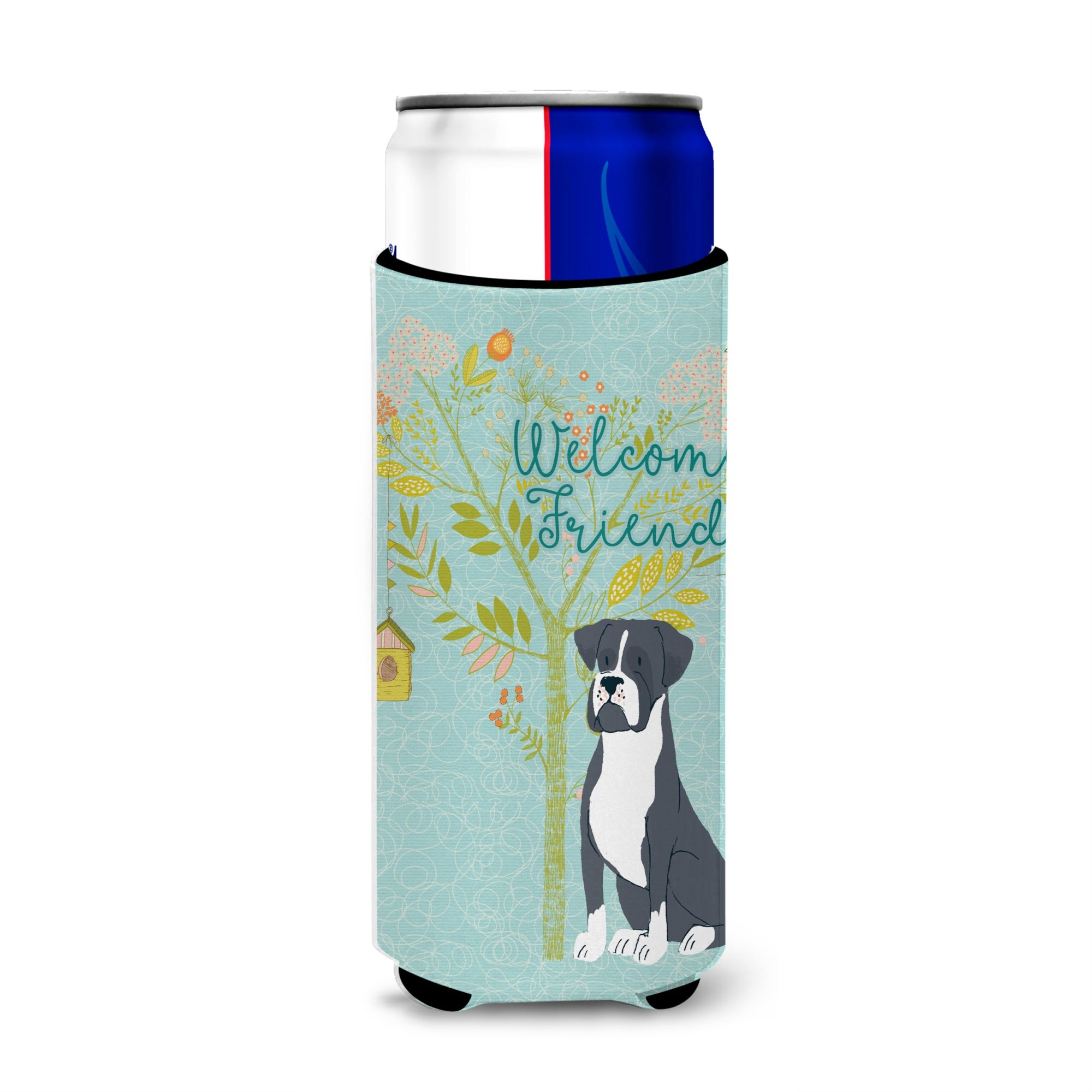 Caroline'S Treasures Welcome Friends Black Boxer Decorative Can Hugger, Multicolor