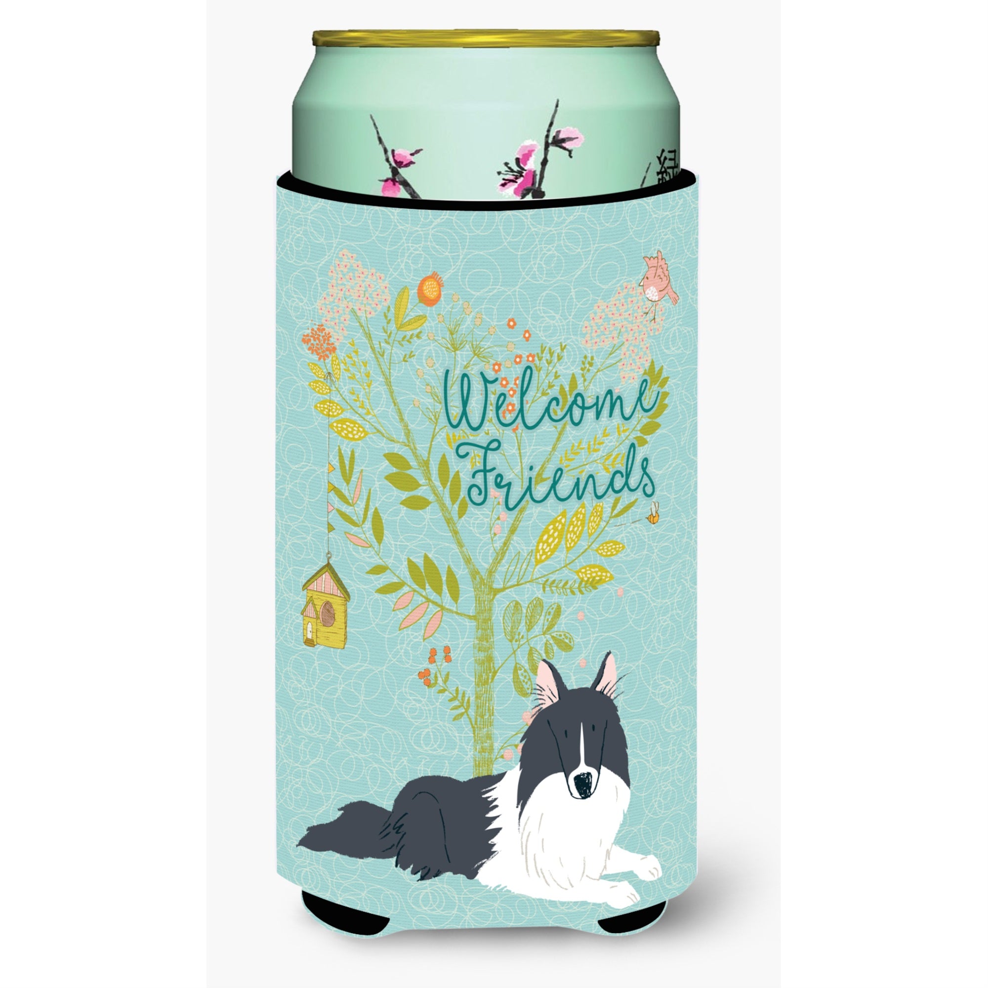 Caroline'S Treasures Welcome Friends Black White Collie Decorative Can Hugger, Tall Boy, Multicolor