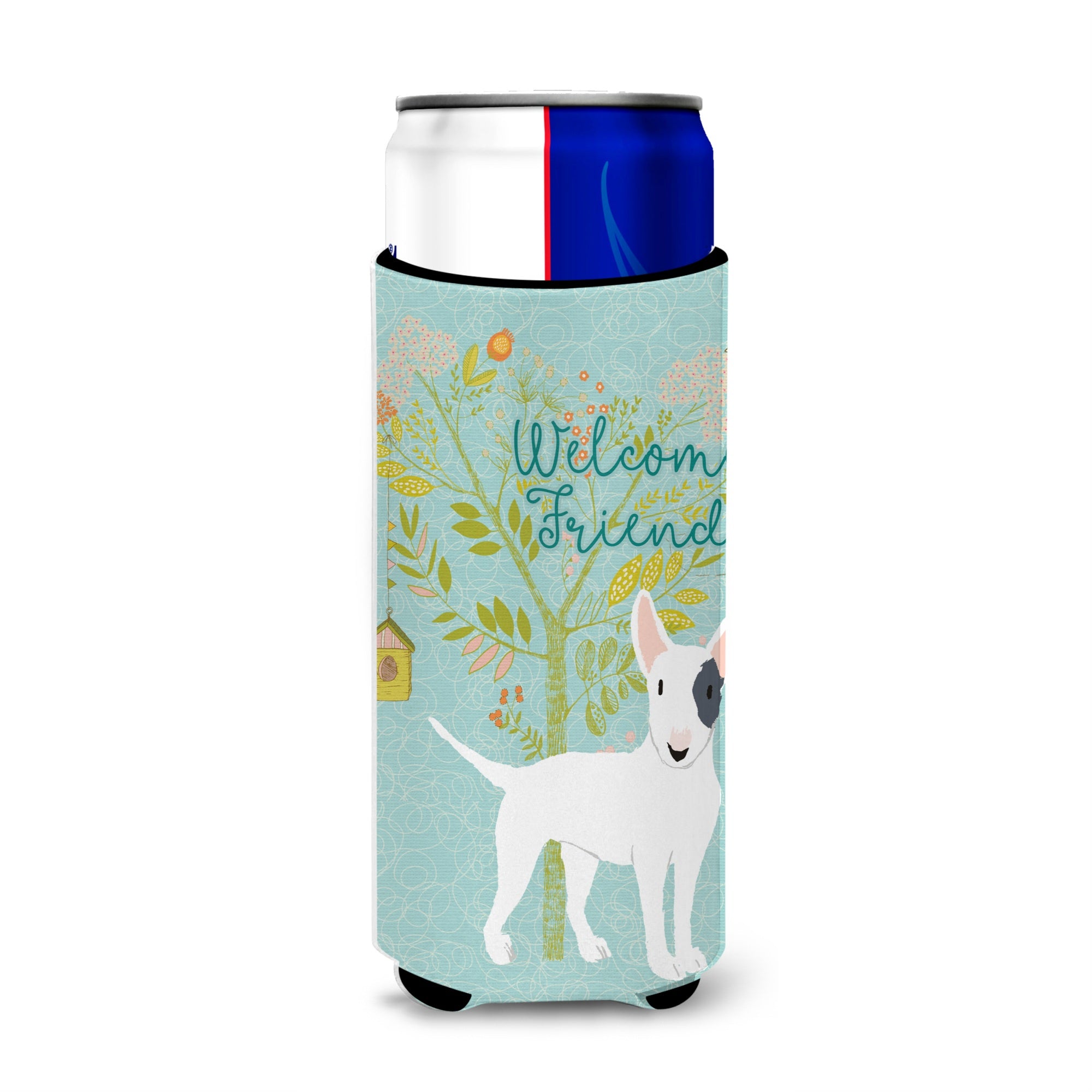 Caroline'S Treasures Welcome Friends White Patched Bull Terrier Decorative Can Hugger, Multicolor