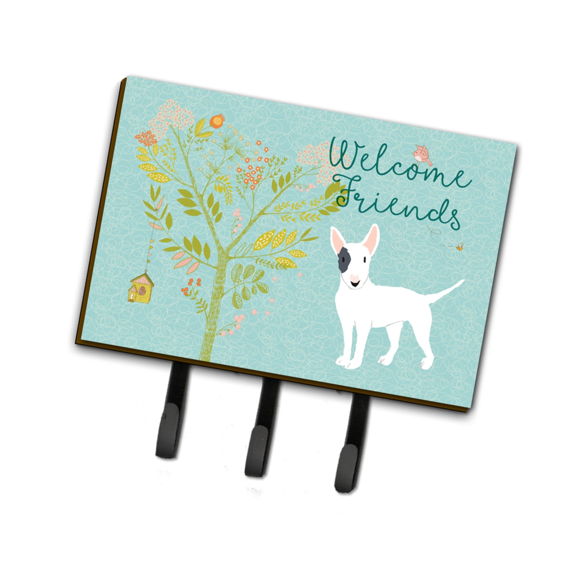 Caroline'S Treasures Welcome Friends White Patched Bull Terrier Wall Hook, Triple, Multicolor