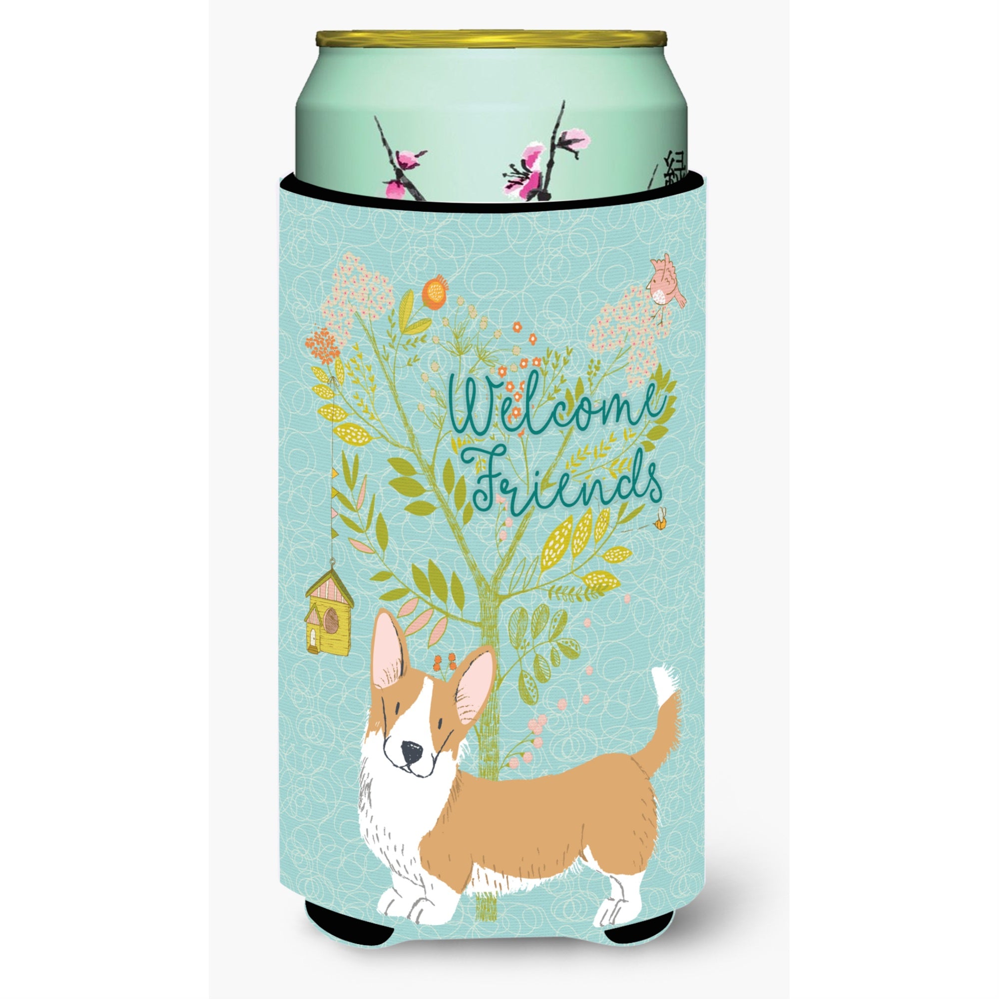 Caroline'S Treasures Welcome Friends Cardigan Welsh Corgi Tricolor Decorative Can Hugger, Tall Boy, Multicolor