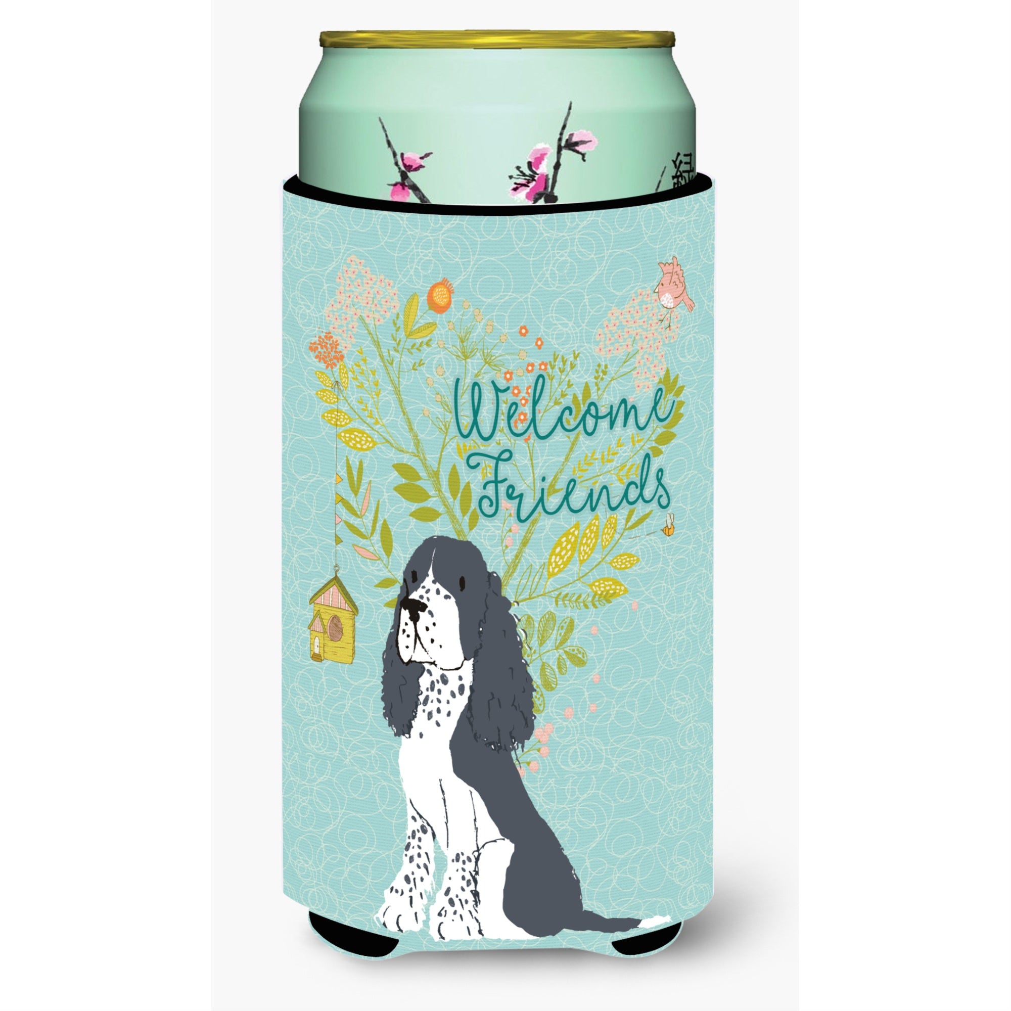 Caroline'S Treasures Welcome Friends Black Springer Spaniel Decorative Can Hugger, Tall Boy, Multicolor