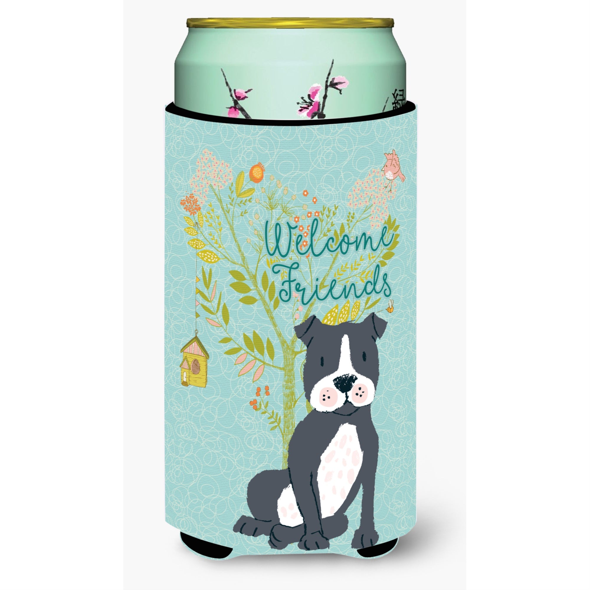 Caroline'S Treasures Welcome Friends Black Staffie Decorative Can Hugger, Tall Boy, Multicolor
