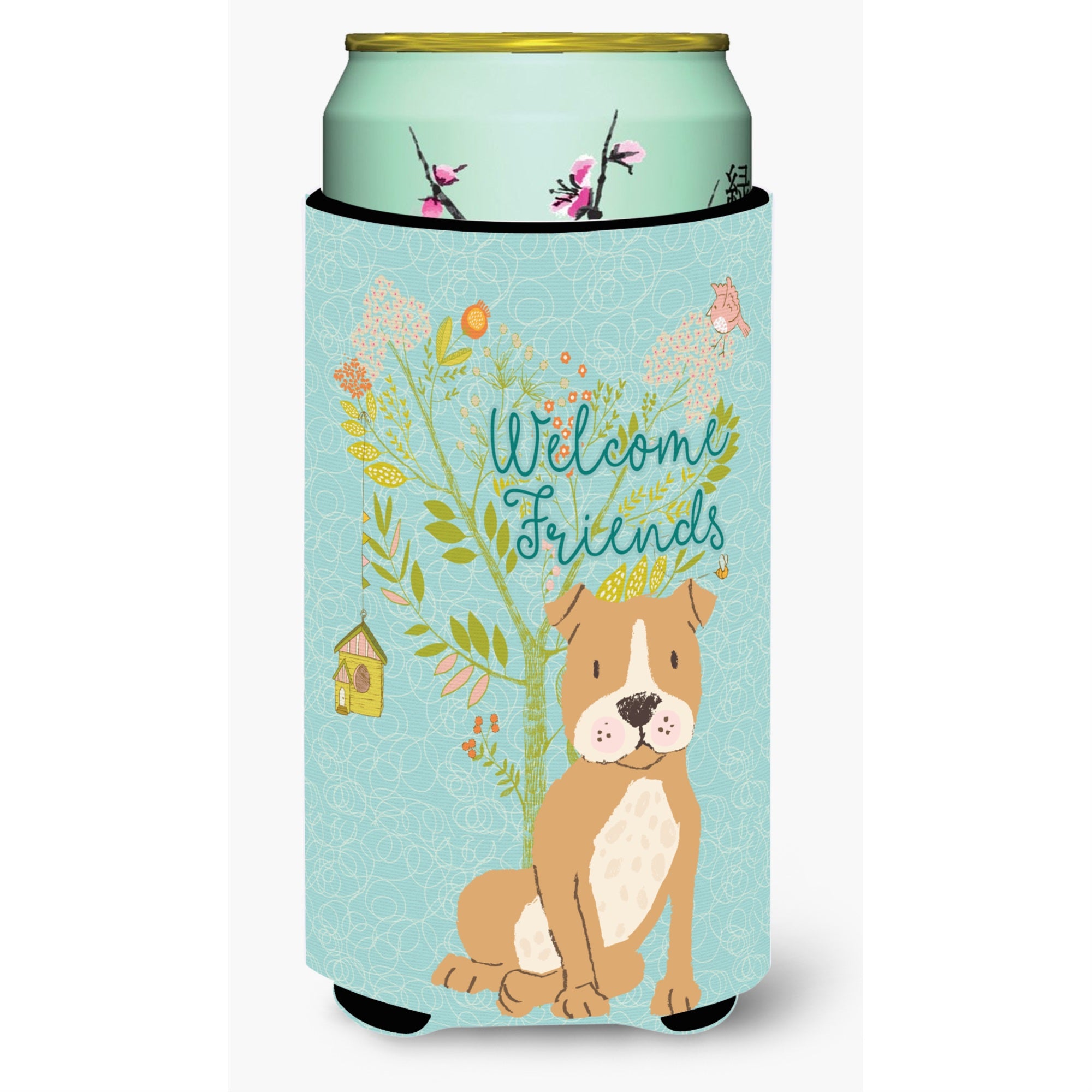 Caroline'S Treasures Welcome Friends Brown Staffie Decorative Can Hugger, Tall Boy, Multicolor