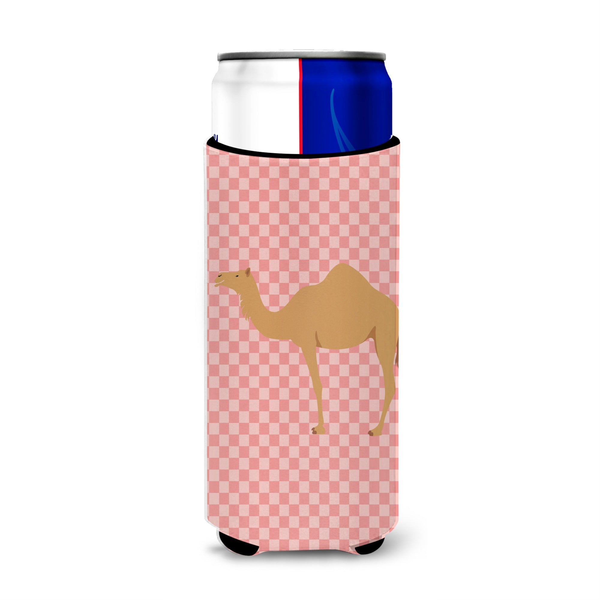 Caroline'S Treasures Arabian Camel Dromedary Pink Check Decorative Can Hugger, Slim, Multicolor