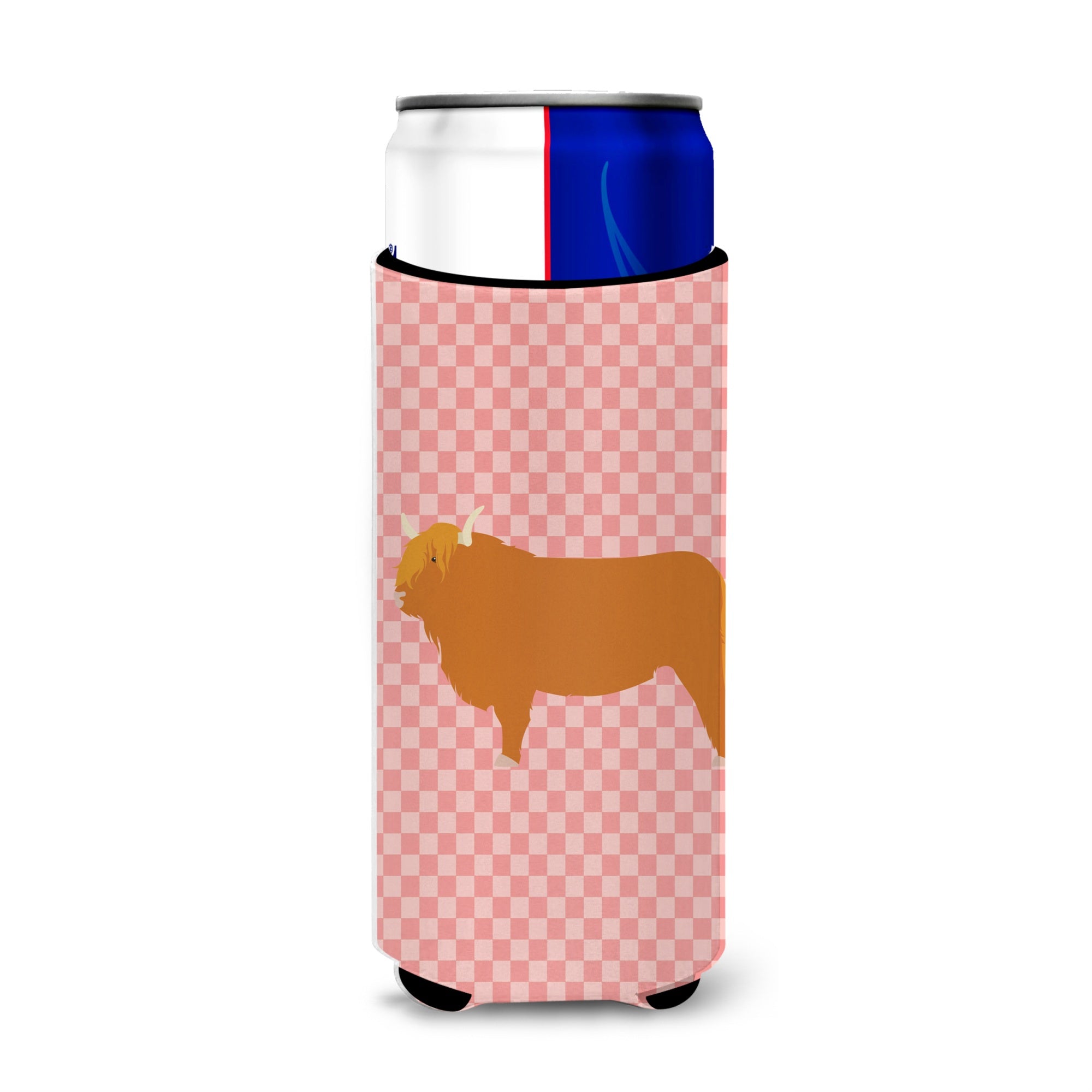 Caroline'S Treasures Highland Cow Pink Check Decorative Can Hugger, Slim, Multicolor