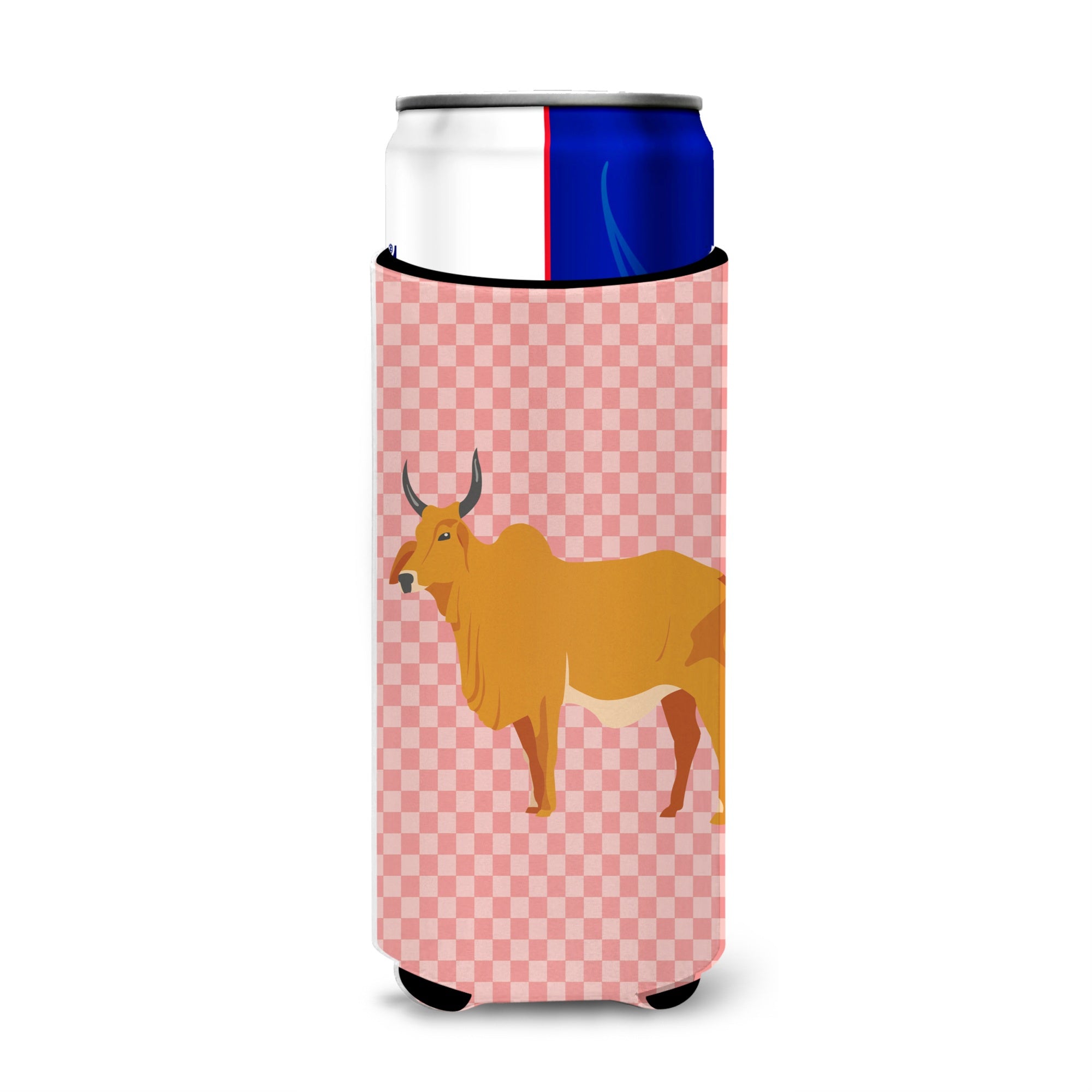 Caroline'S Treasures Zebu Indicine Cow Pink Check Decorative Can Hugger, Slim, Multicolor