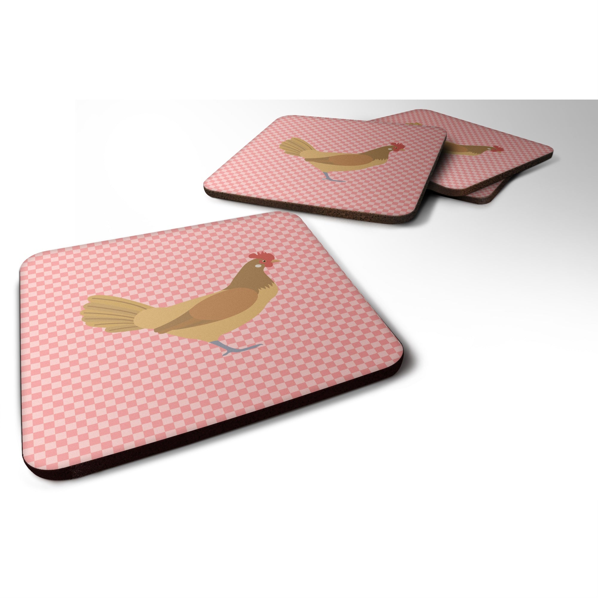 Caroline'S Treasures Frisian Friesian Chicken Pink Check Decorative Coasters, 3.5, Multicolor