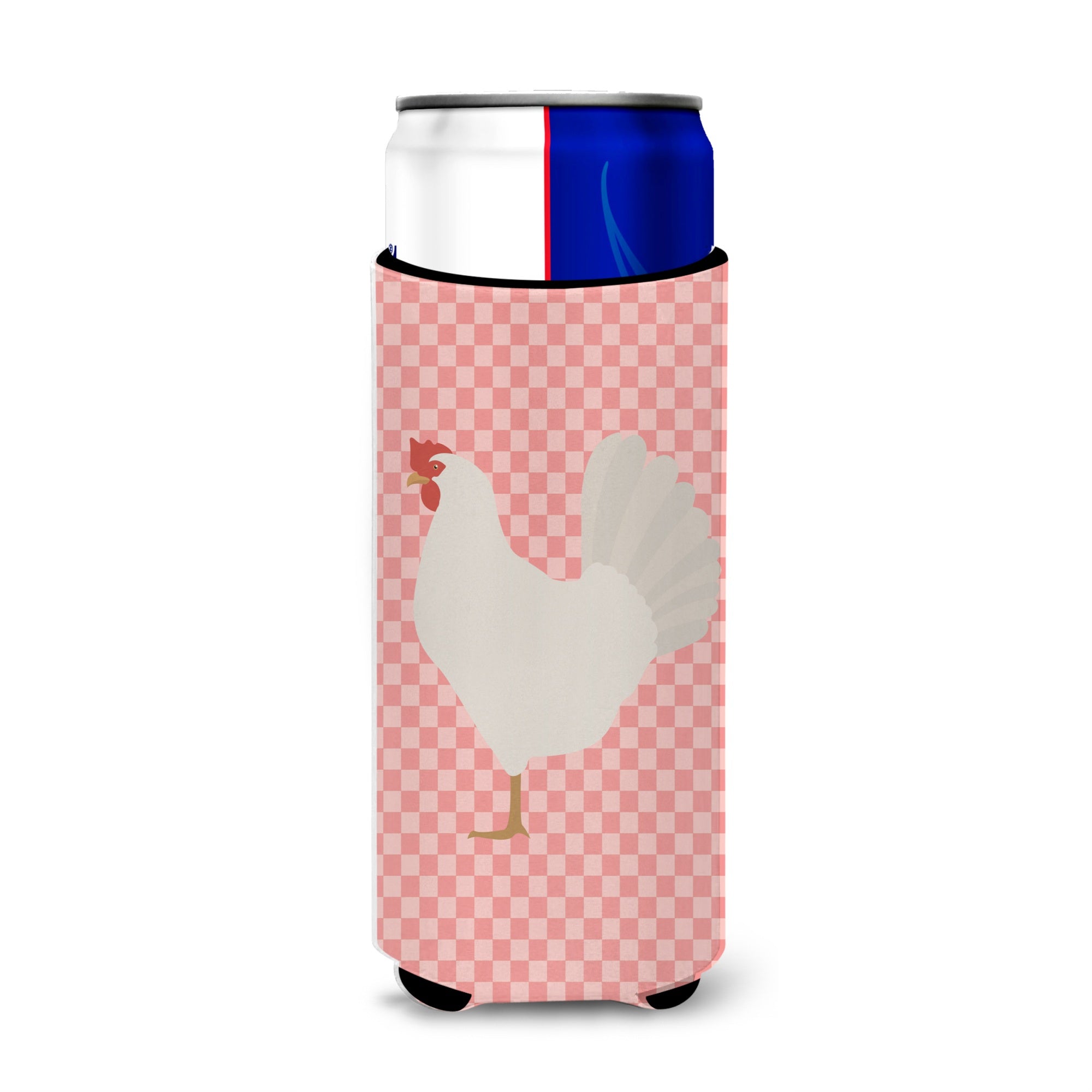 Caroline'S Treasures Leghorn Chicken Pink Check Decorative Can Hugger, Slim, Multicolor