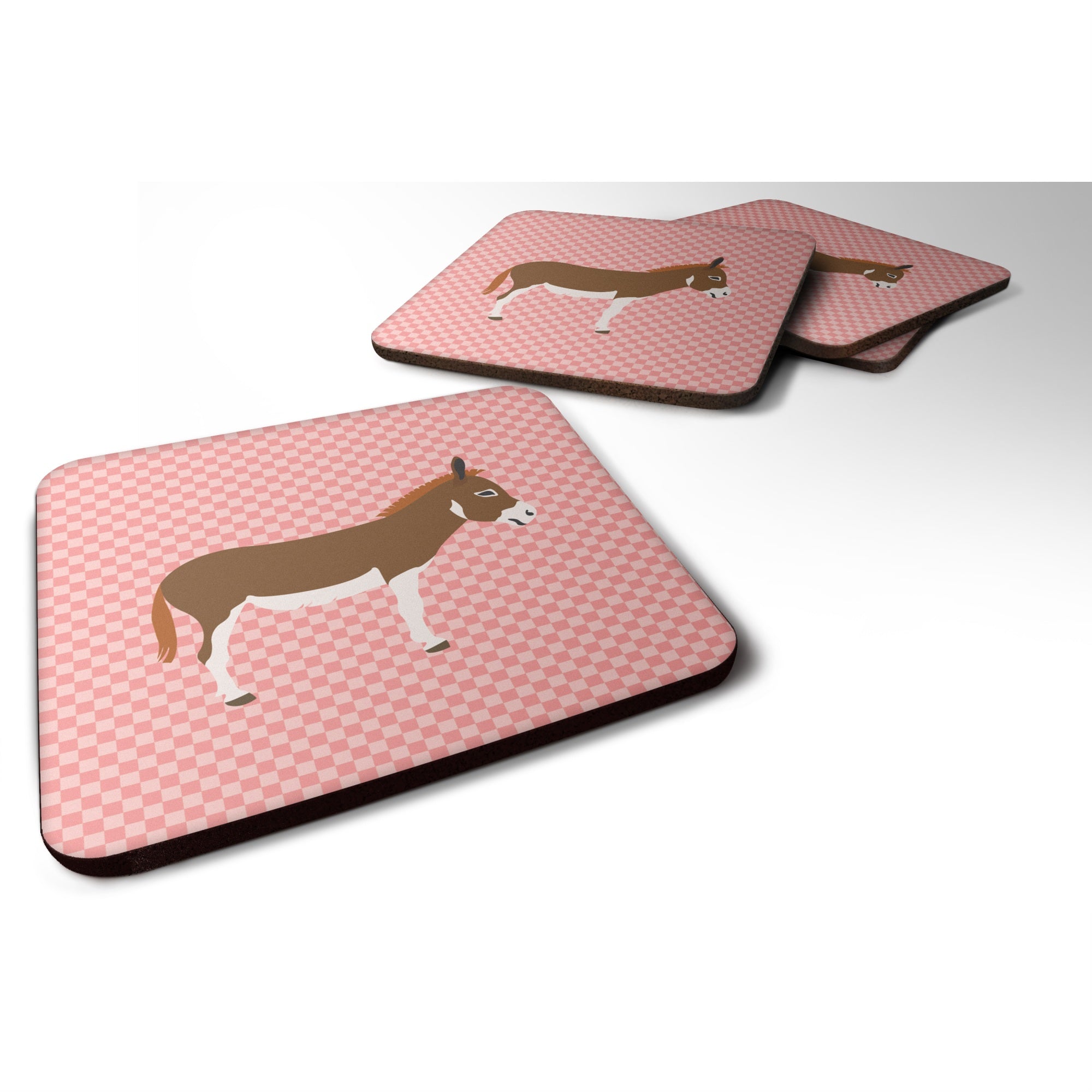 Caroline'S Treasures Miniature Mediterranian Donkey Pink Check Decorative Coasters, 3.5, Multicolor
