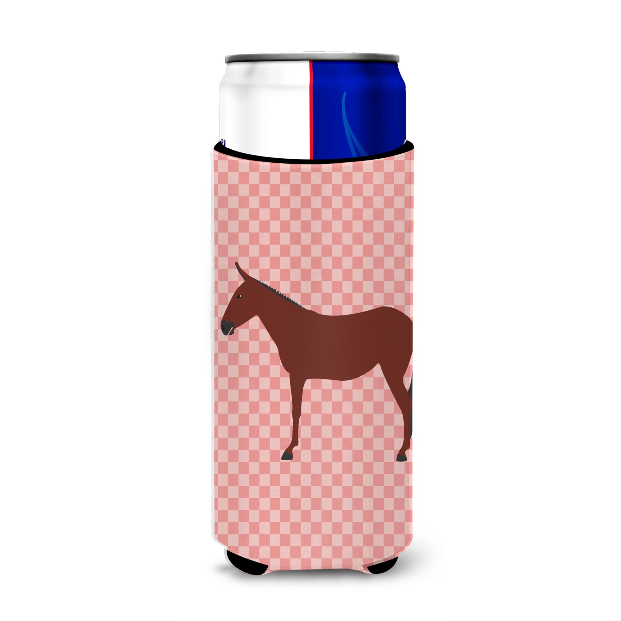 Caroline'S Treasures Hinny Horse Donkey Pink Check Decorative Can Hugger, Slim, Multicolor