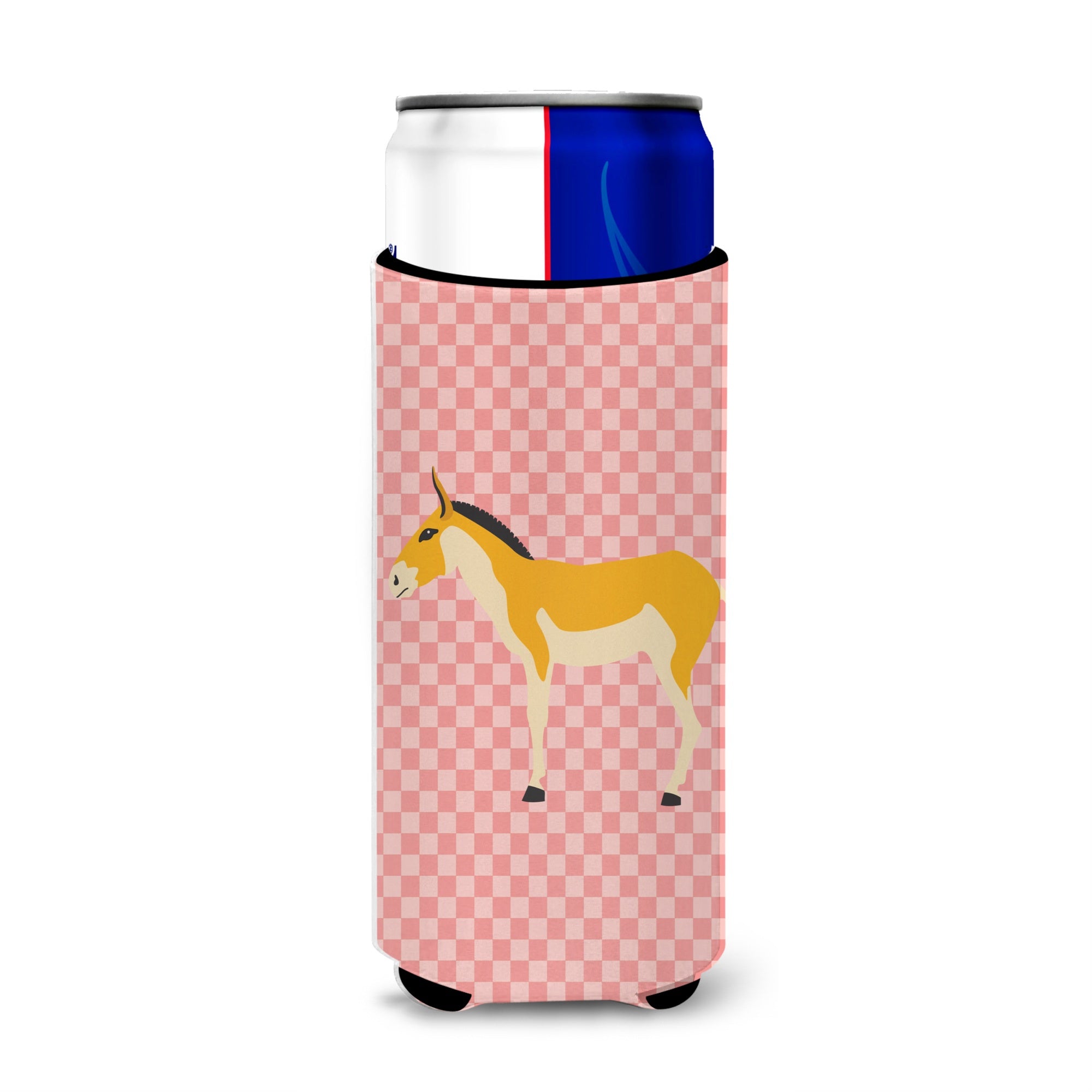 Caroline'S Treasures Turkmenian Kulan Donkey Pink Check Decorative Can Hugger, Slim, Multicolor