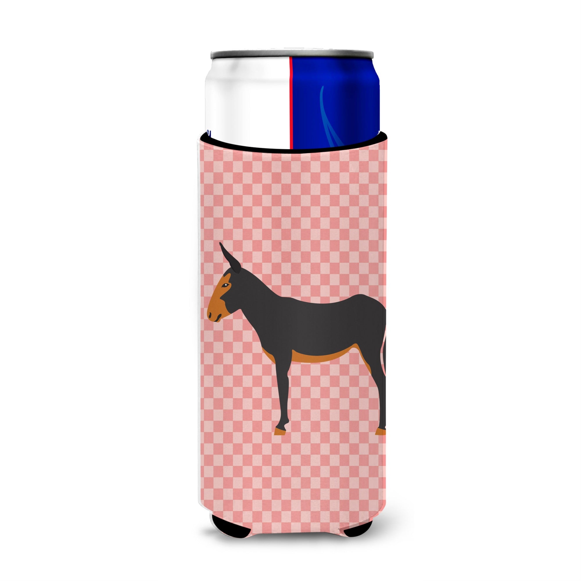 Caroline'S Treasures Catalan Donkey Pink Check Decorative Can Hugger, Slim, Multicolor