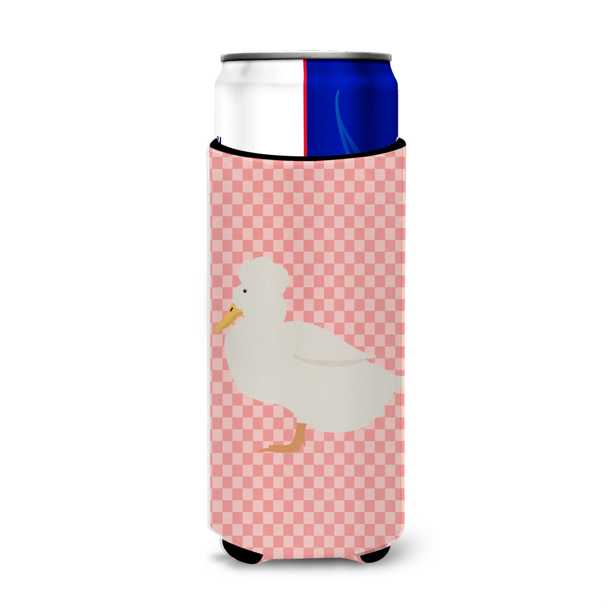 Caroline'S Treasures Crested Duck Pink Check Decorative Can Hugger, Slim, Multicolor