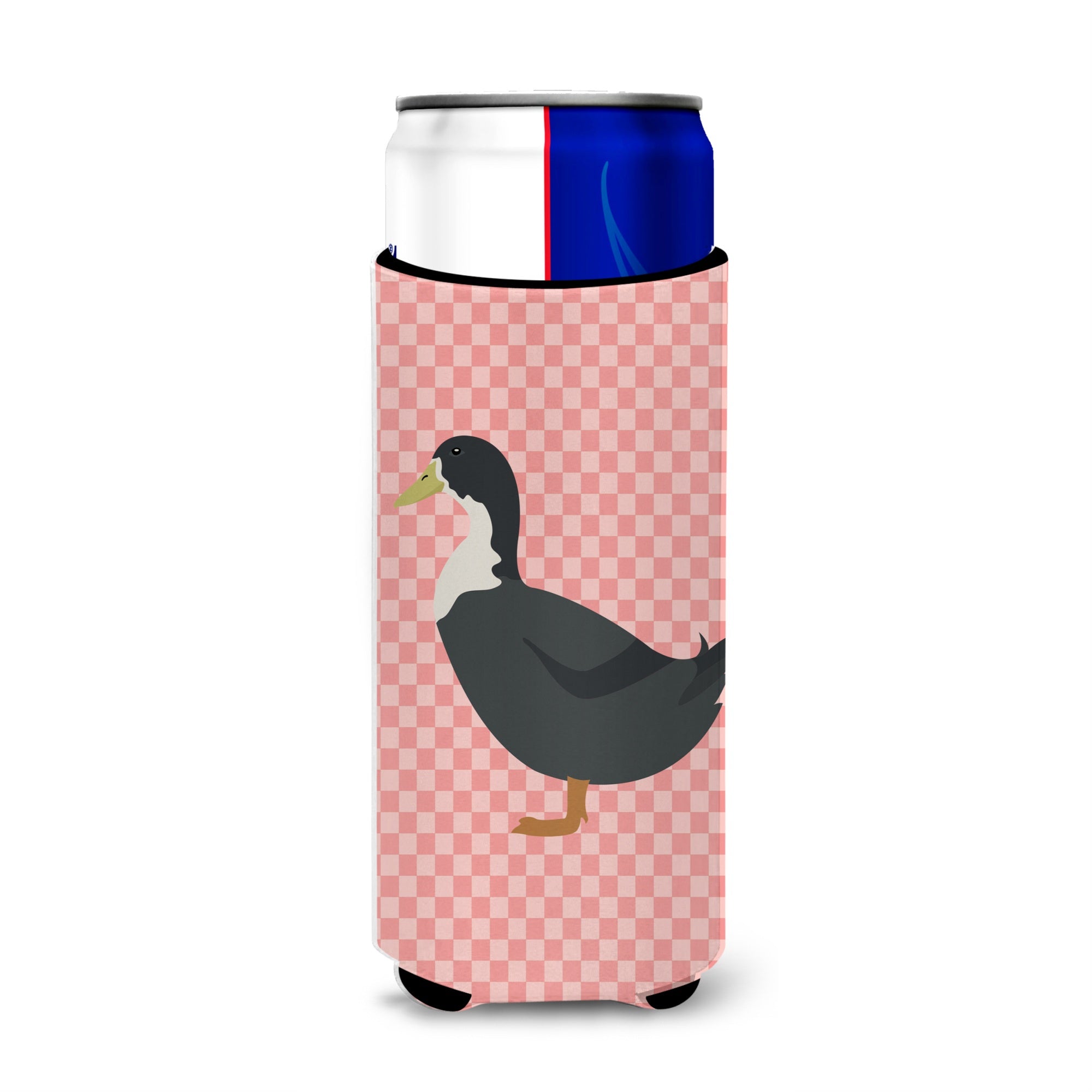 Caroline'S Treasures Blue Swedish Duck Pink Check Decorative Can Hugger, Slim, Multicolor