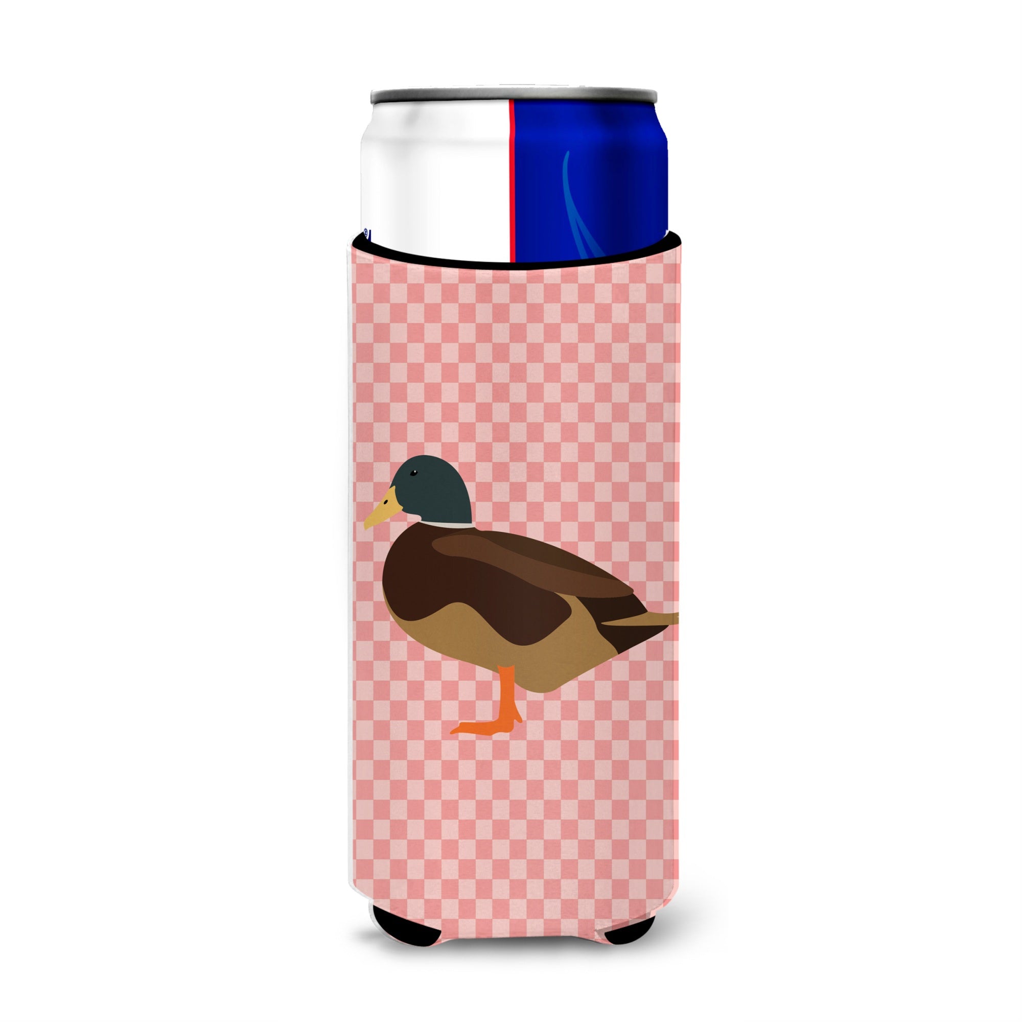 Caroline'S Treasures Silver Bantam Duck Pink Check Decorative Can Hugger, Slim, Multicolor