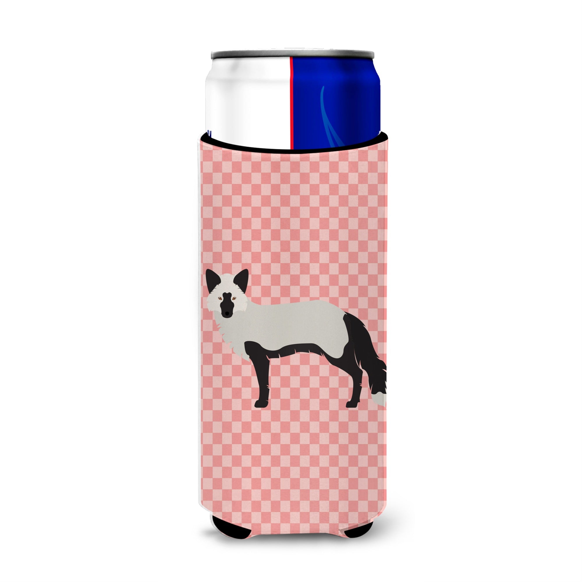 Caroline'S Treasures Silver Fox Pink Check Decorative Can Hugger, Slim, Multicolor