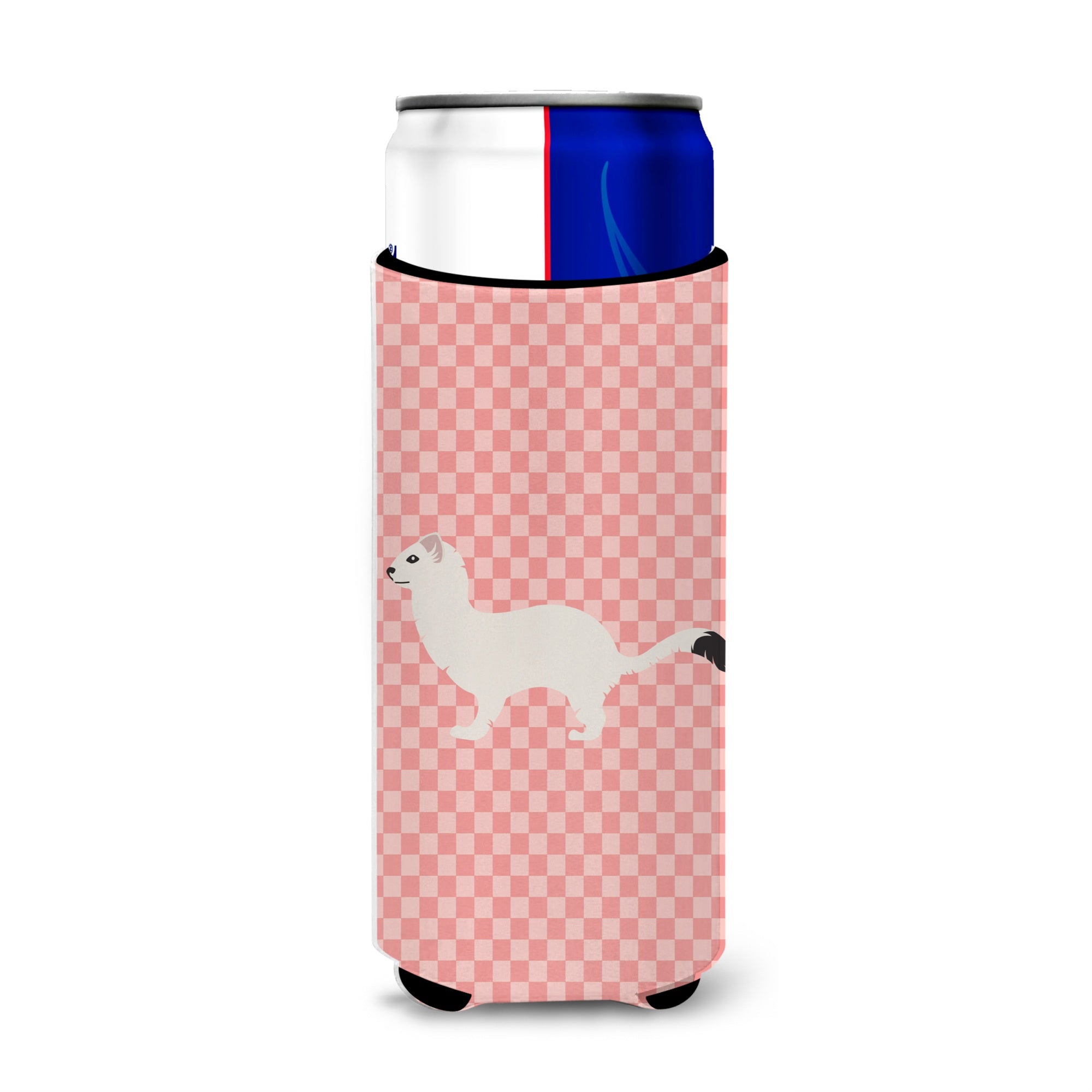 Caroline'S Treasures Stoat Short-Tailed Weasel Pink Check Decorative Can Hugger, Slim, Multicolor