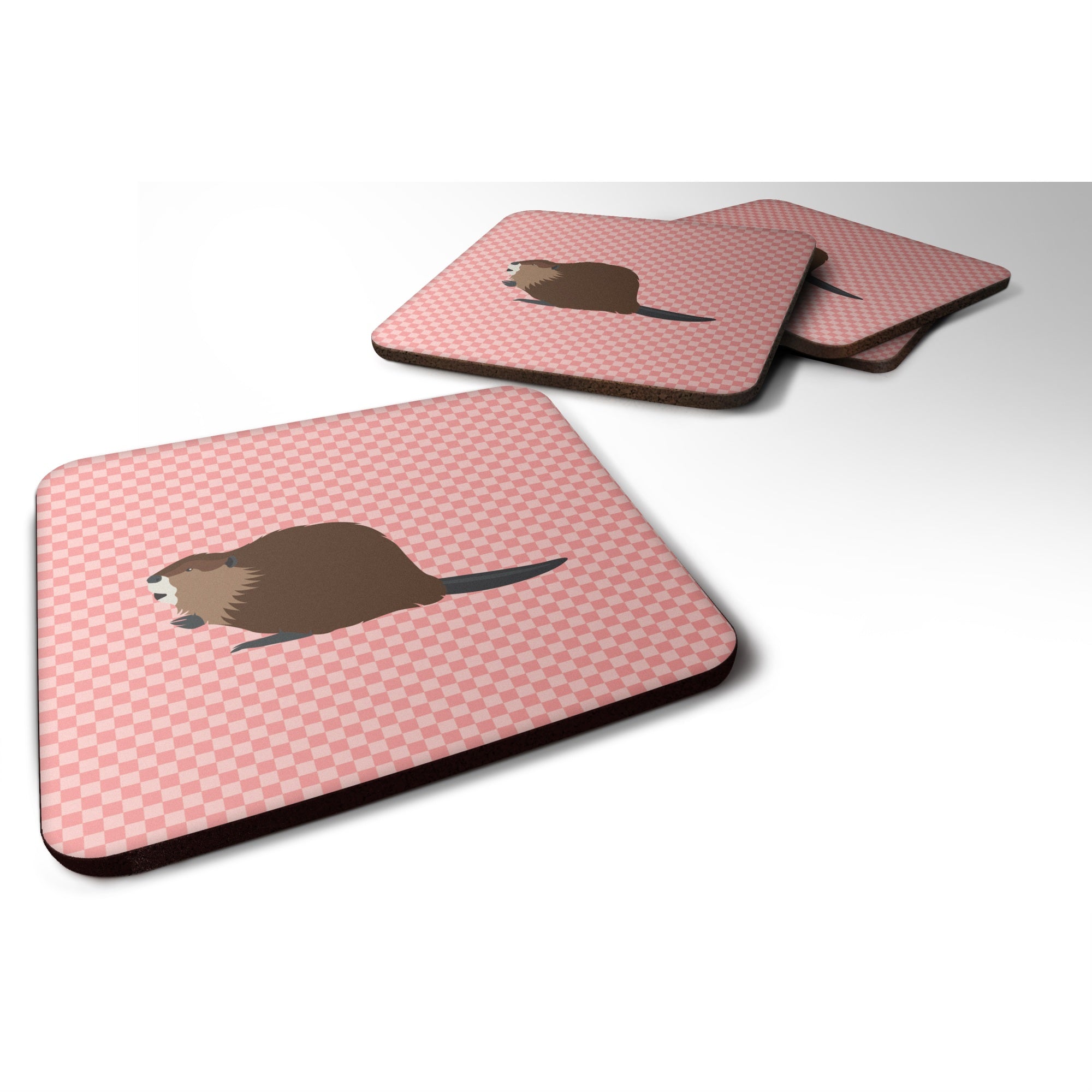 Caroline'S Treasures Eurasian Beaver Pink Check Decorative Coasters, 3.5, Multicolor