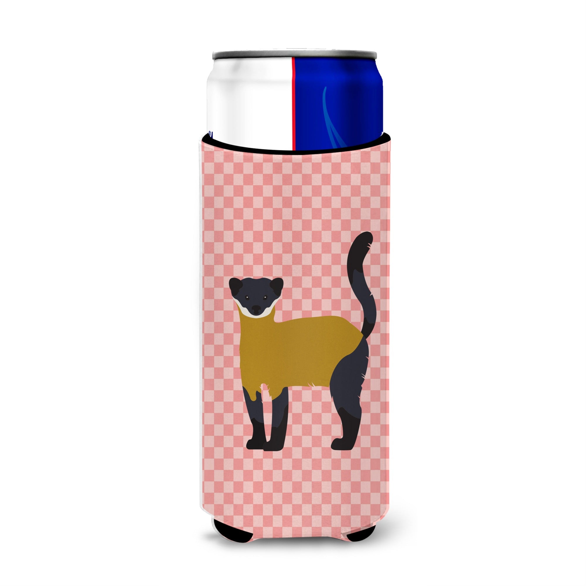 Caroline'S Treasures Yellow-Throated Marten Pink Check Decorative Can Hugger, Slim, Multicolor