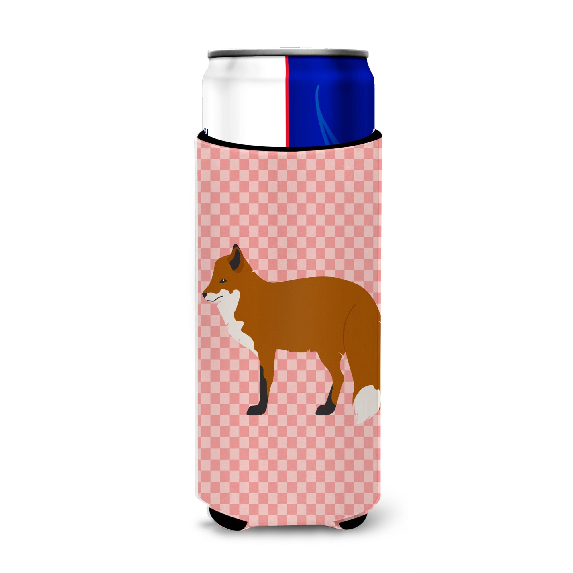 Caroline'S Treasures Red Fox Pink Check Decorative Can Hugger, Slim, Multicolor