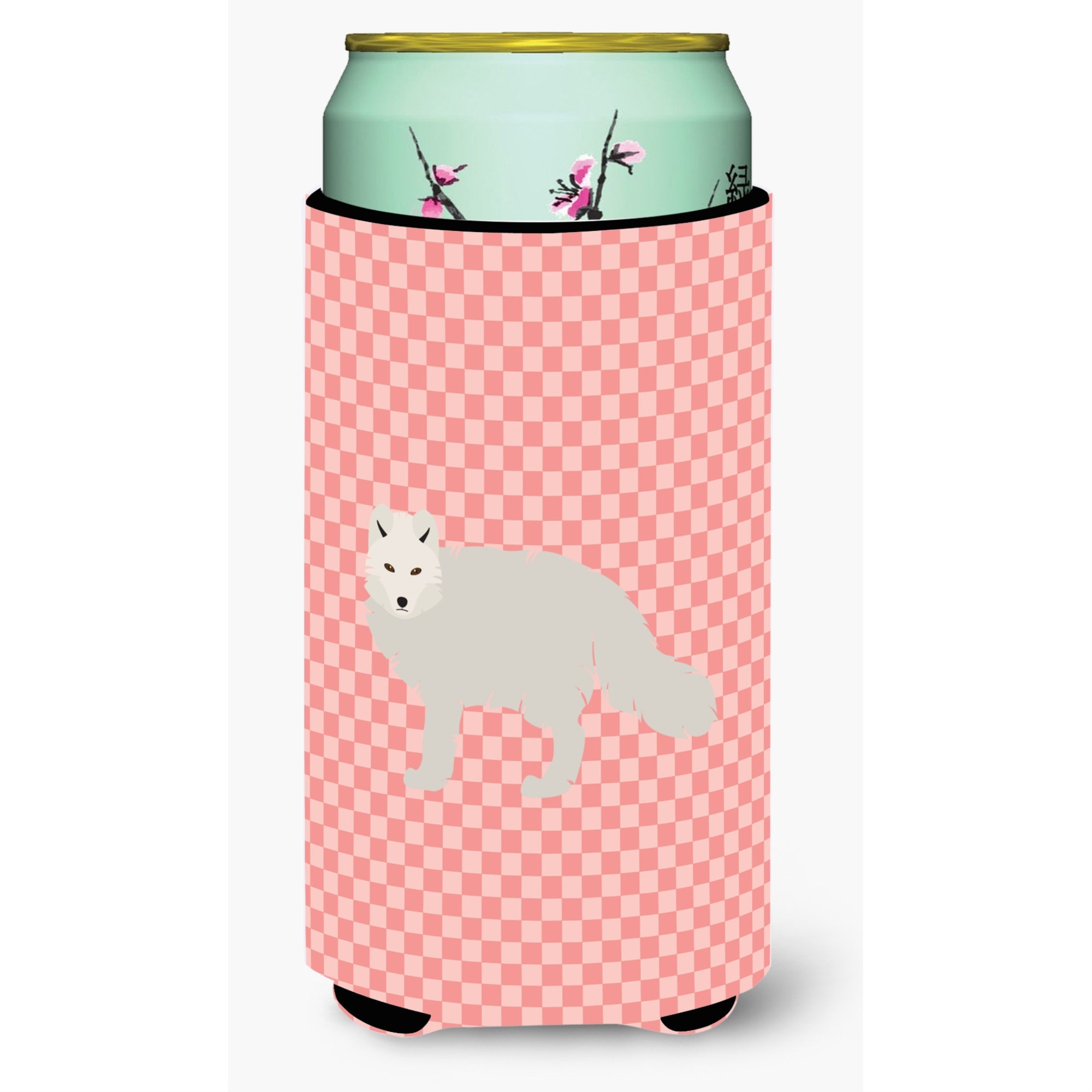 Caroline'S Treasures White Arctic Fox Pink Check Decorative Can Hugger, Tall Boy, Multicolor
