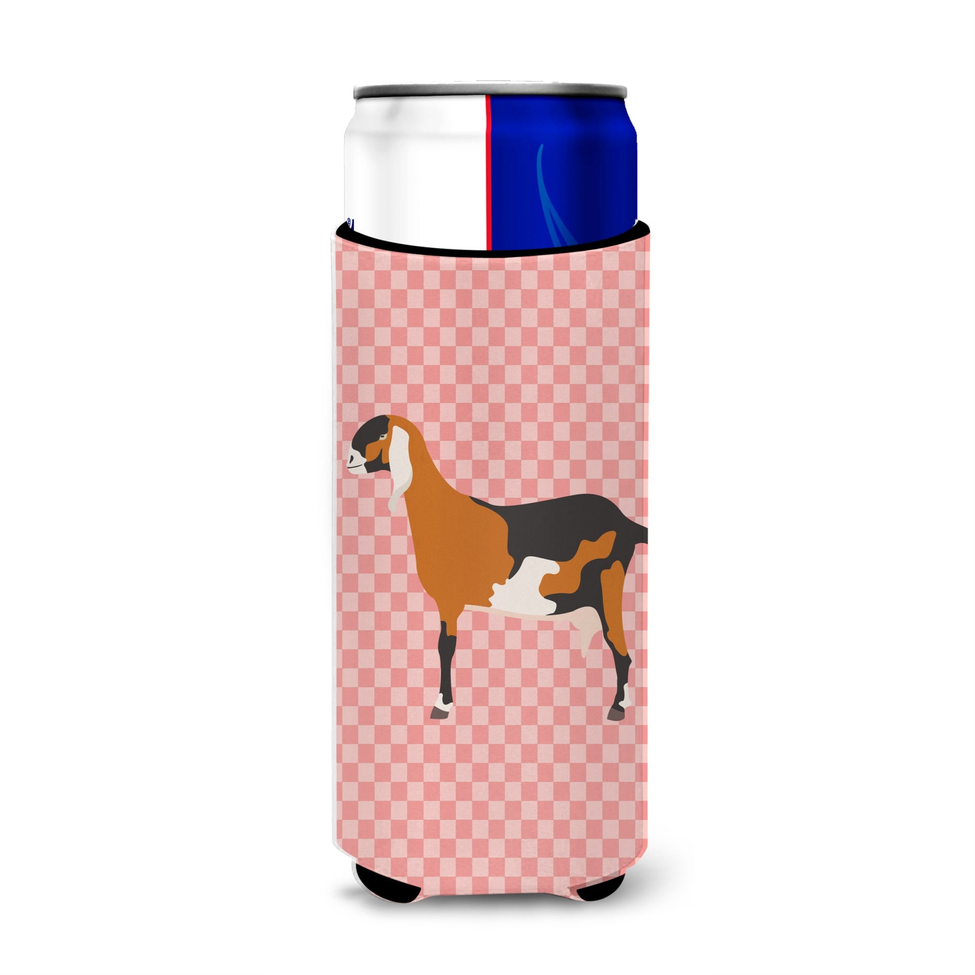 Caroline'S Treasures Anglo Nubian Goat Pink Check Decorative Can Hugger, Slim, Multicolor