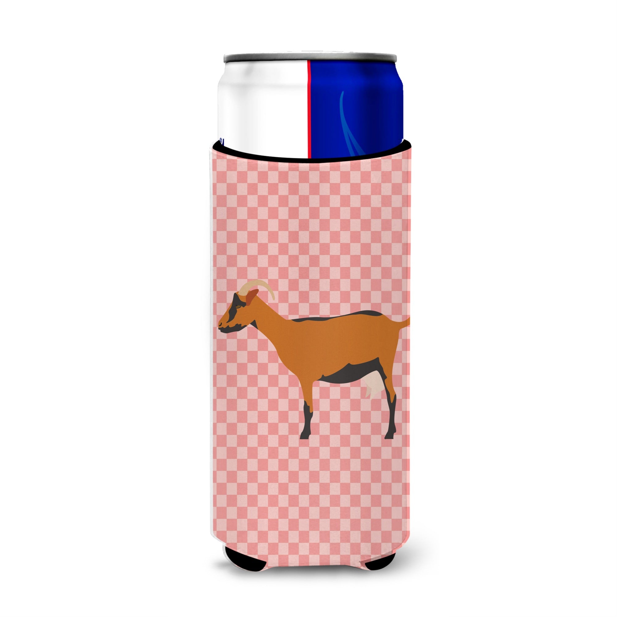 Caroline'S Treasures Oberhasli Goat Pink Check Decorative Can Hugger, Slim, Multicolor