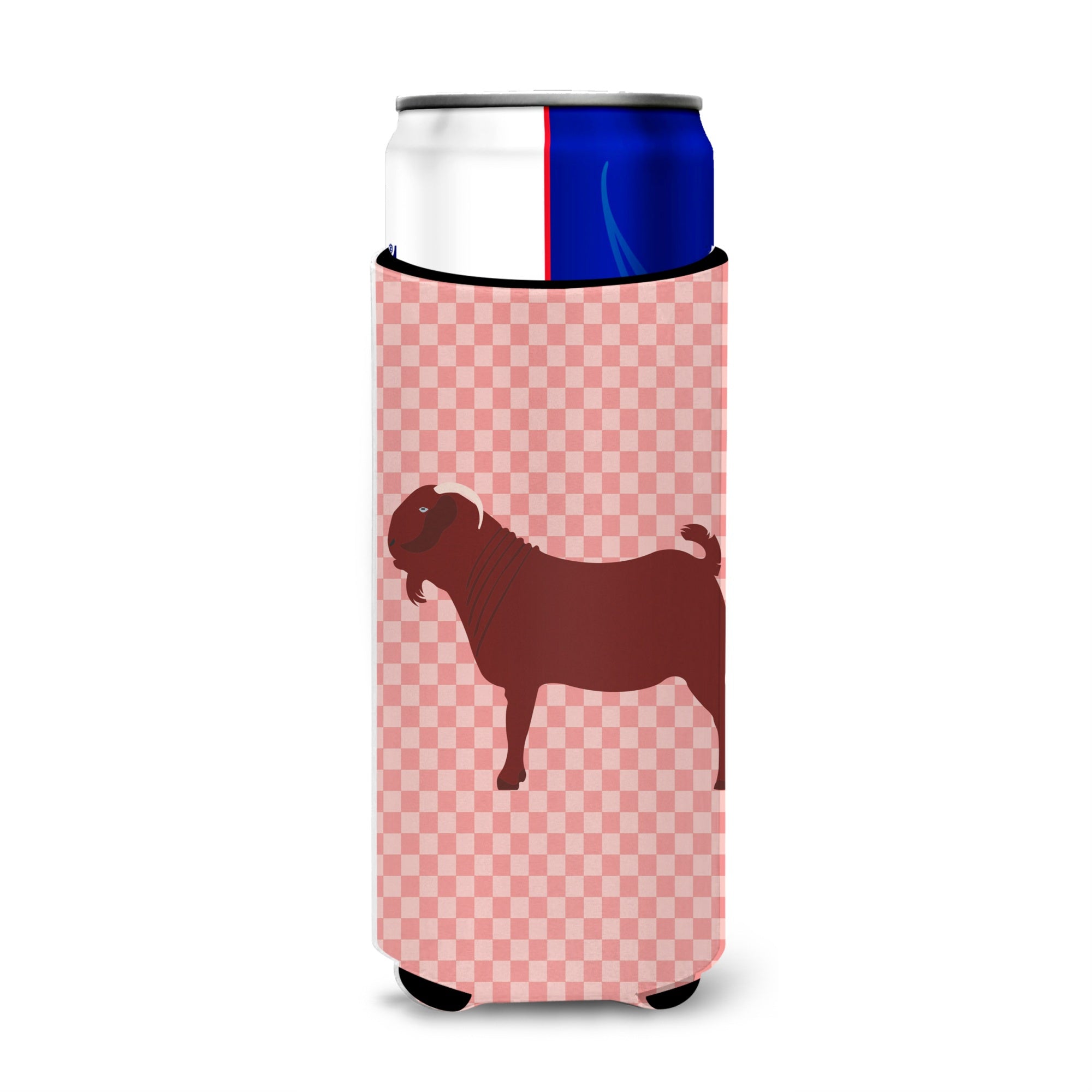 Caroline'S Treasures Kalahari Red Goat Pink Check Decorative Can Hugger, Slim, Multicolor