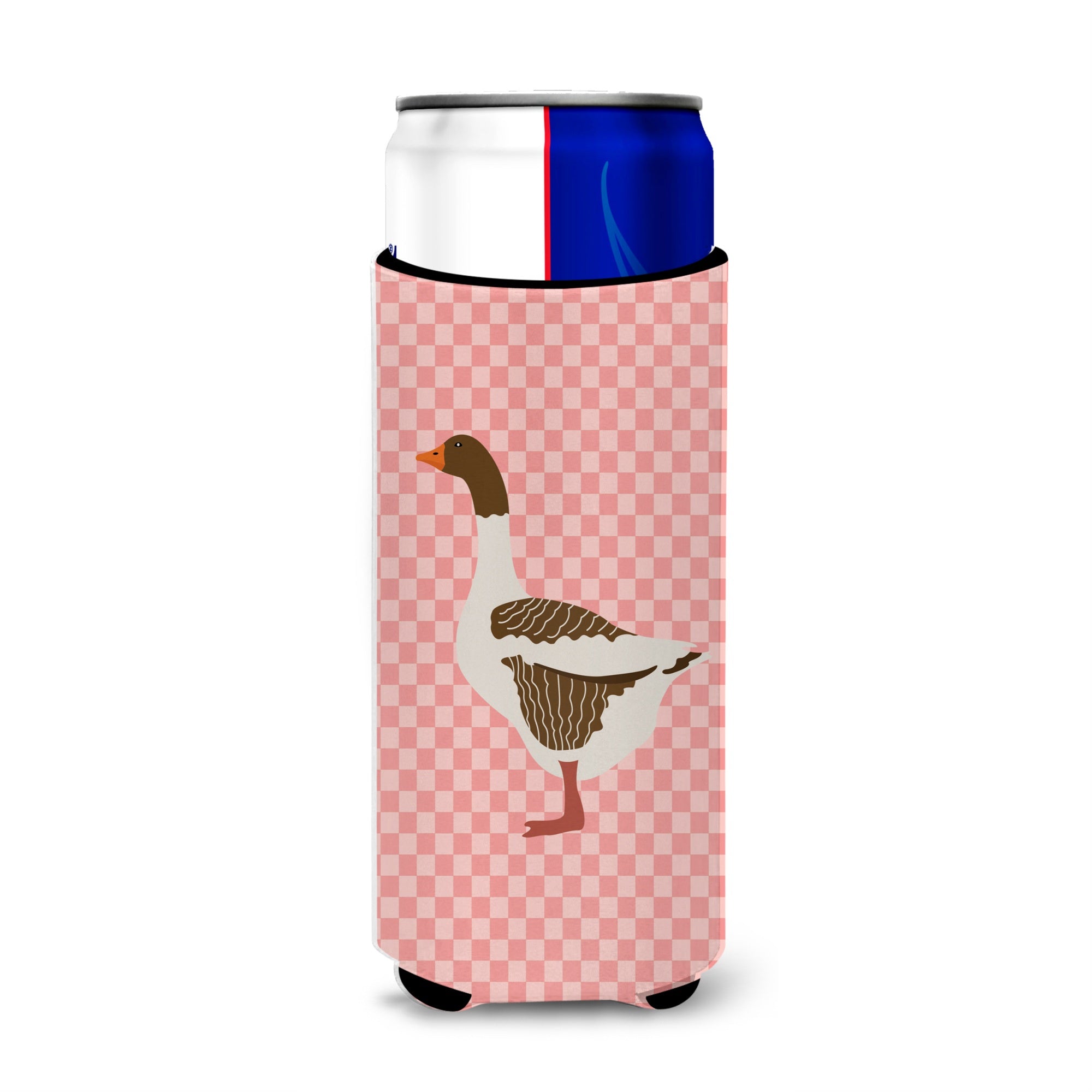 Caroline'S Treasures Pomeranian Rogener Goose Pink Check Decorative Can Hugger, Slim, Multicolor