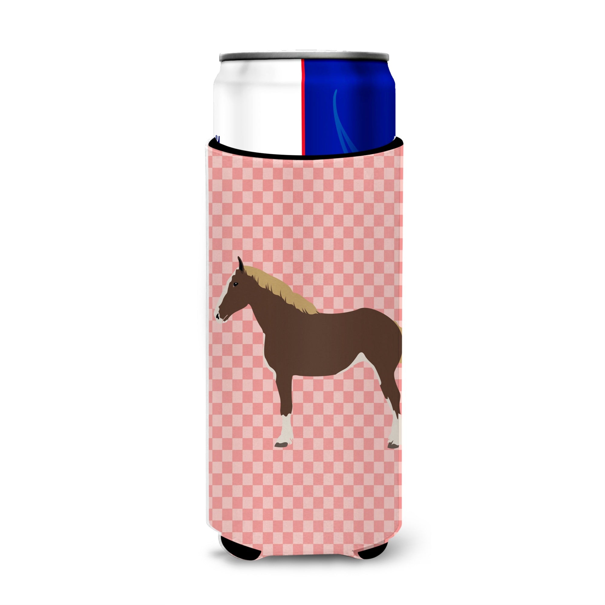Caroline'S Treasures Percheron Horse Pink Check Decorative Can Hugger, Slim, Multicolor