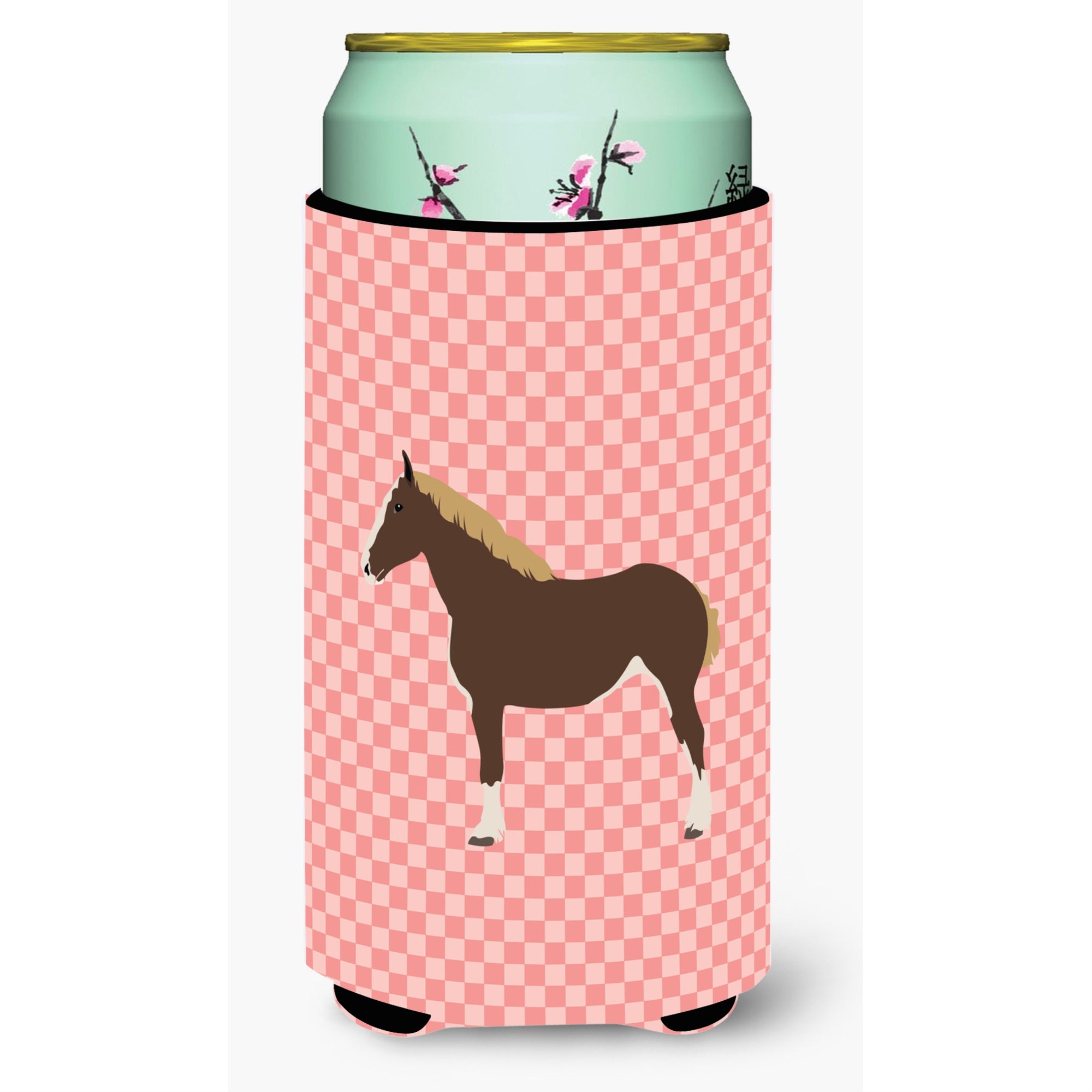 Caroline'S Treasures Percheron Horse Pink Check Decorative Can Hugger, Tall Boy, Multicolor