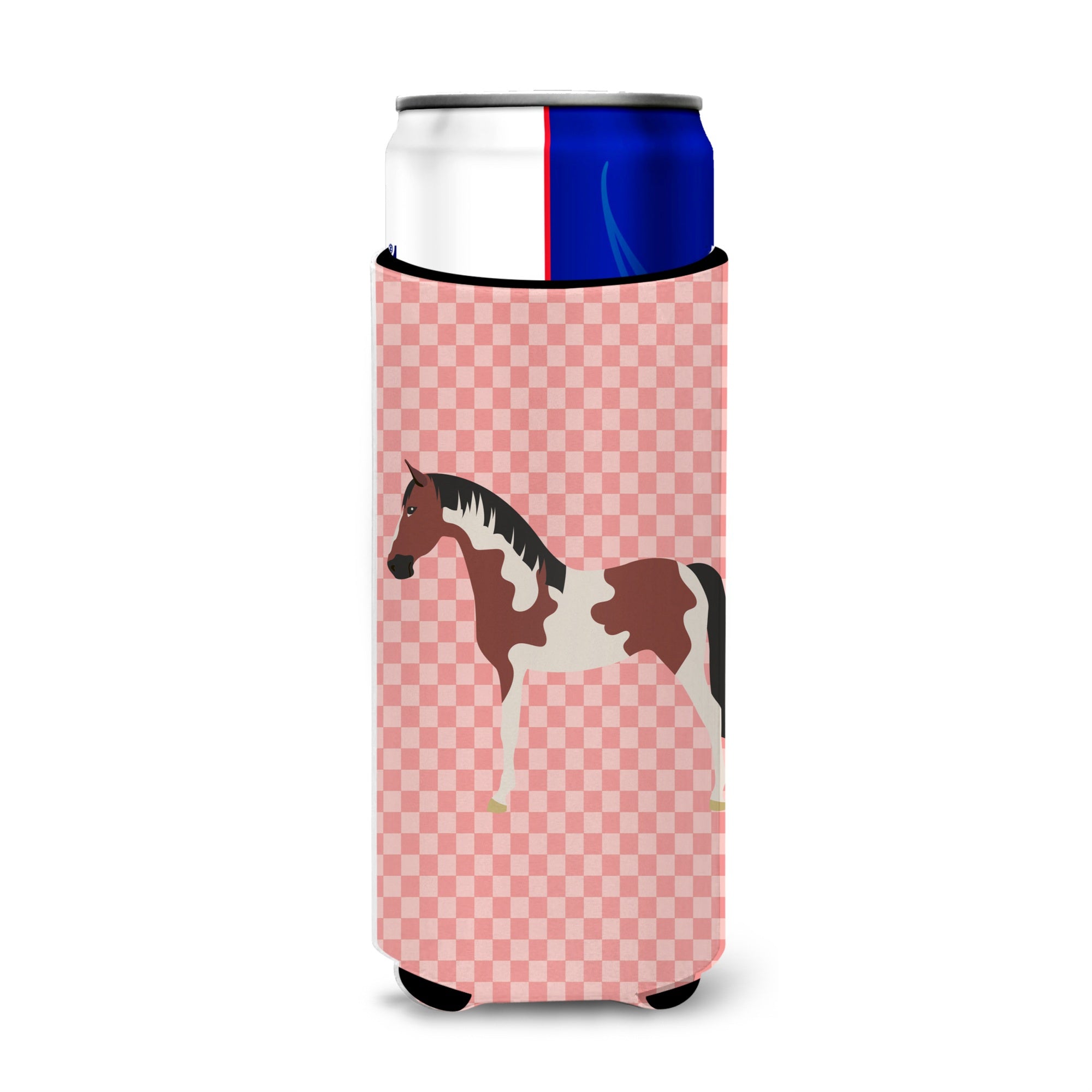 Caroline'S Treasures Pinto Horse Pink Check Decorative Can Hugger, Slim, Multicolor