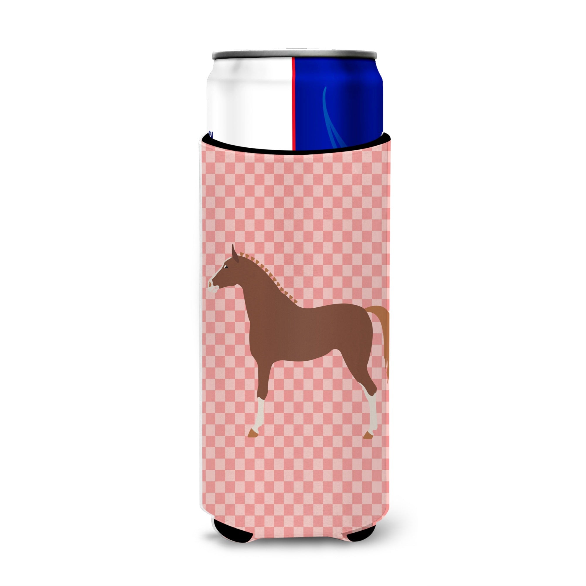 Caroline'S Treasures Hannoverian Horse Pink Check Decorative Can Hugger, Slim, Multicolor