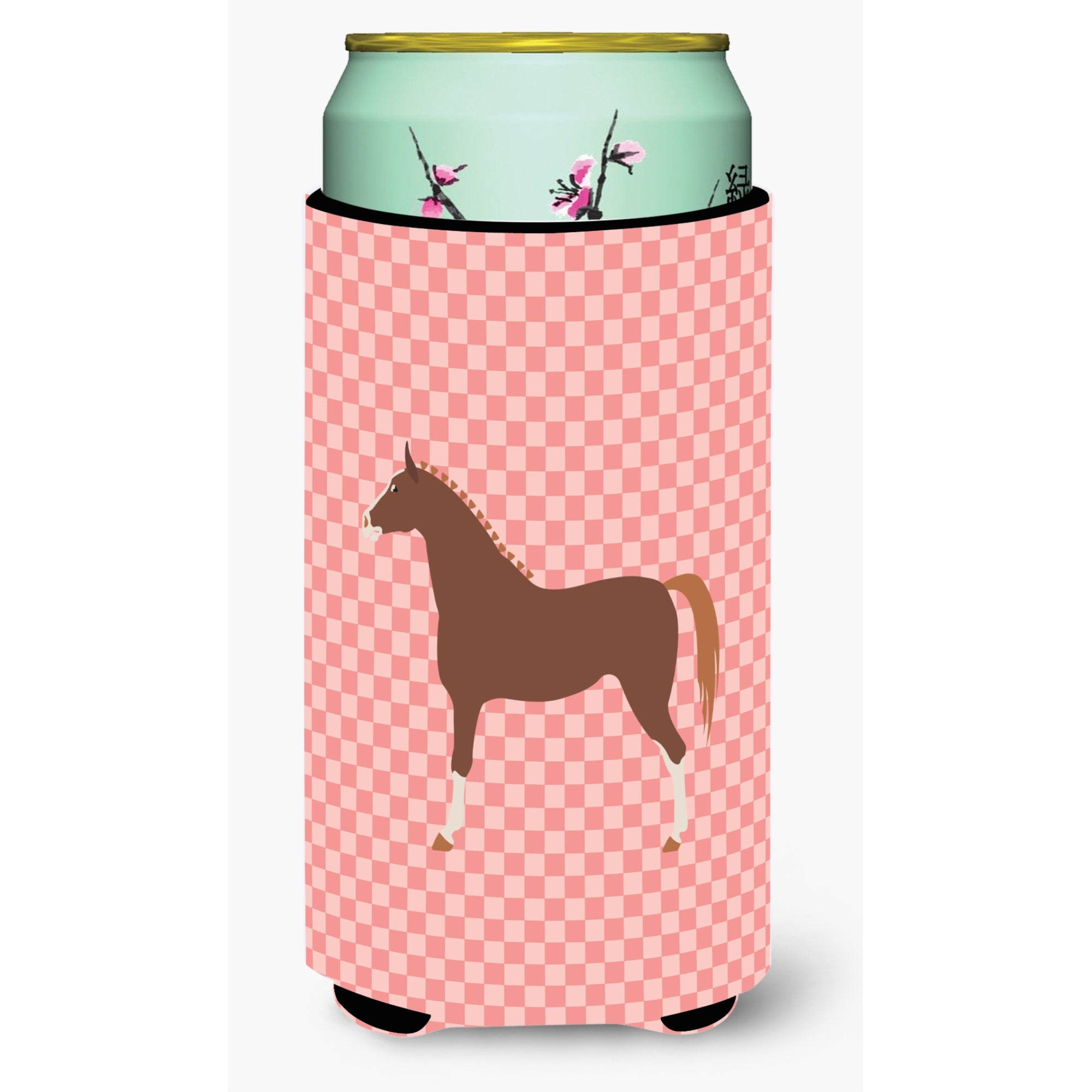 Caroline'S Treasures Hannoverian Horse Pink Check Decorative Can Hugger, Tall Boy, Multicolor