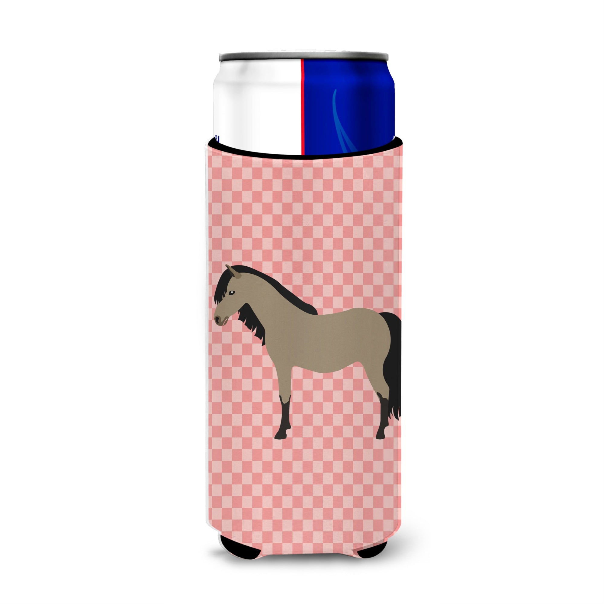 Caroline'S Treasures Welsh Pony Horse Pink Check Decorative Can Hugger, Slim, Multicolor