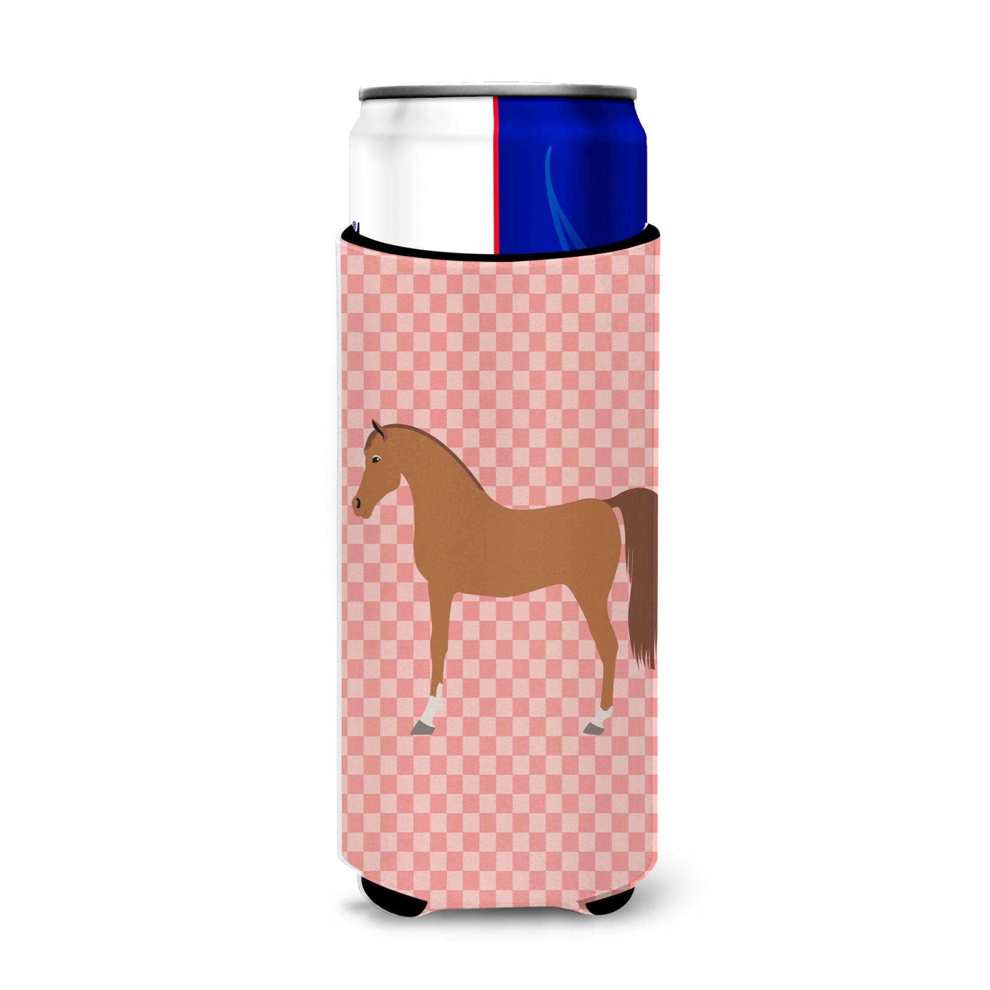 Caroline'S Treasures Arabian Horse Pink Check Decorative Can Hugger, Slim, Multicolor