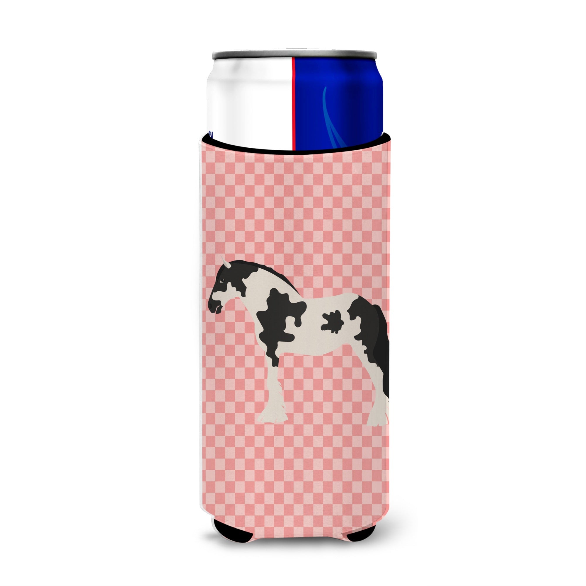 Caroline'S Treasures Cyldesdale Horse Pink Check Decorative Can Hugger, Slim, Multicolor