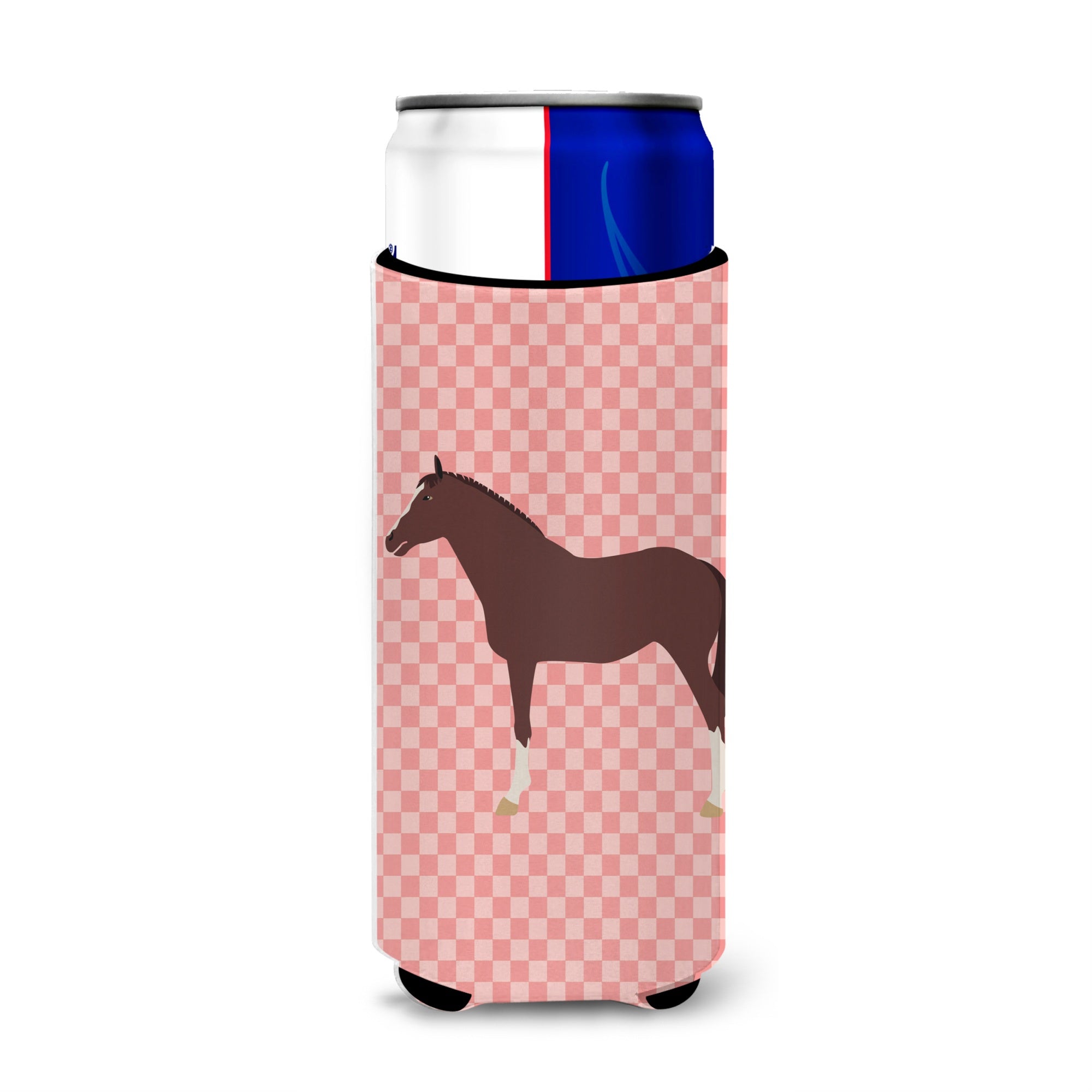 Caroline'S Treasures English Thoroughbred Horse Pink Check Decorative Can Hugger, Slim, Multicolor