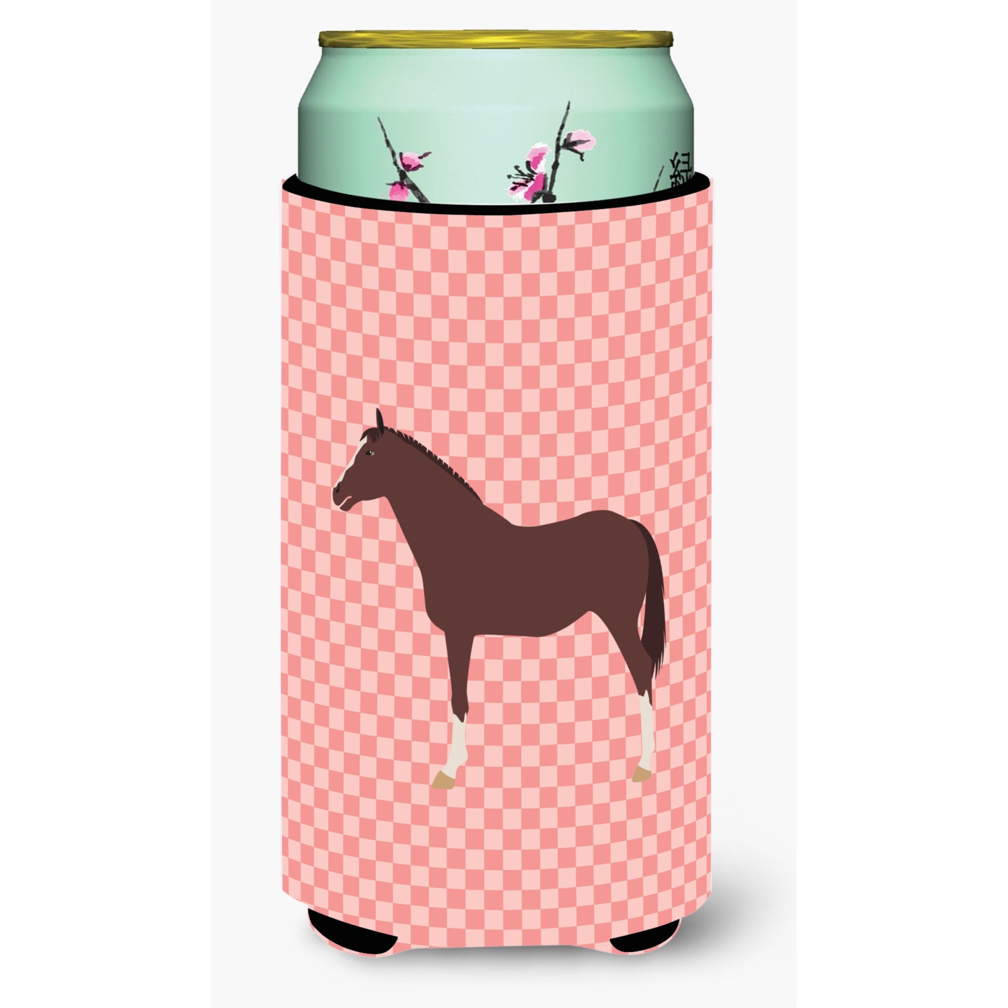 Caroline'S Treasures English Thoroughbred Horse Pink Check Decorative Can Hugger, Tall Boy, Multicolor