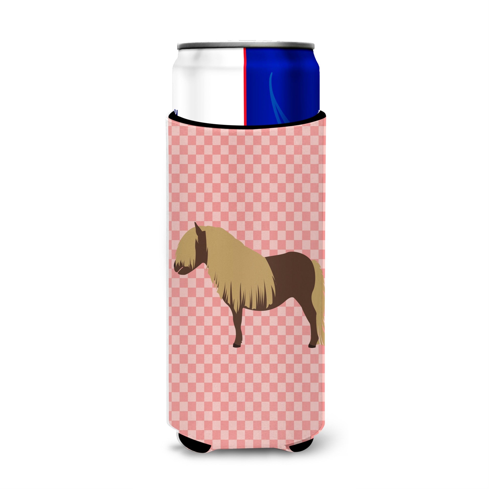Caroline'S Treasures Shetland Pony Horse Pink Check Decorative Can Hugger, Slim, Multicolor