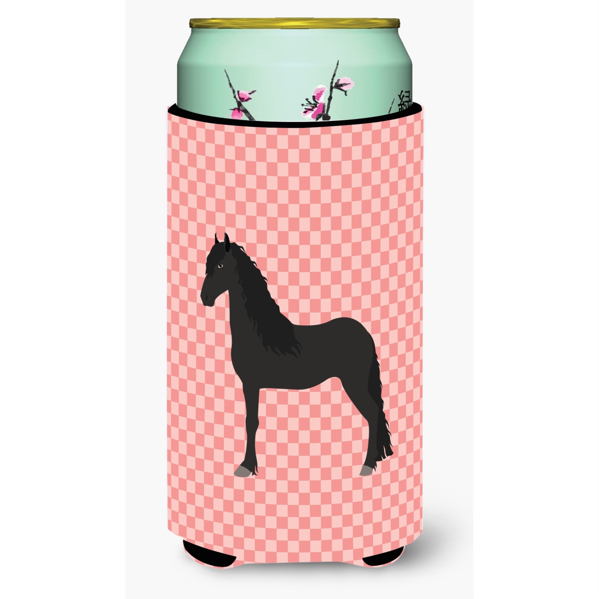 Caroline'S Treasures Friesian Horse Pink Check Decorative Can Hugger, Tall Boy, Multicolor